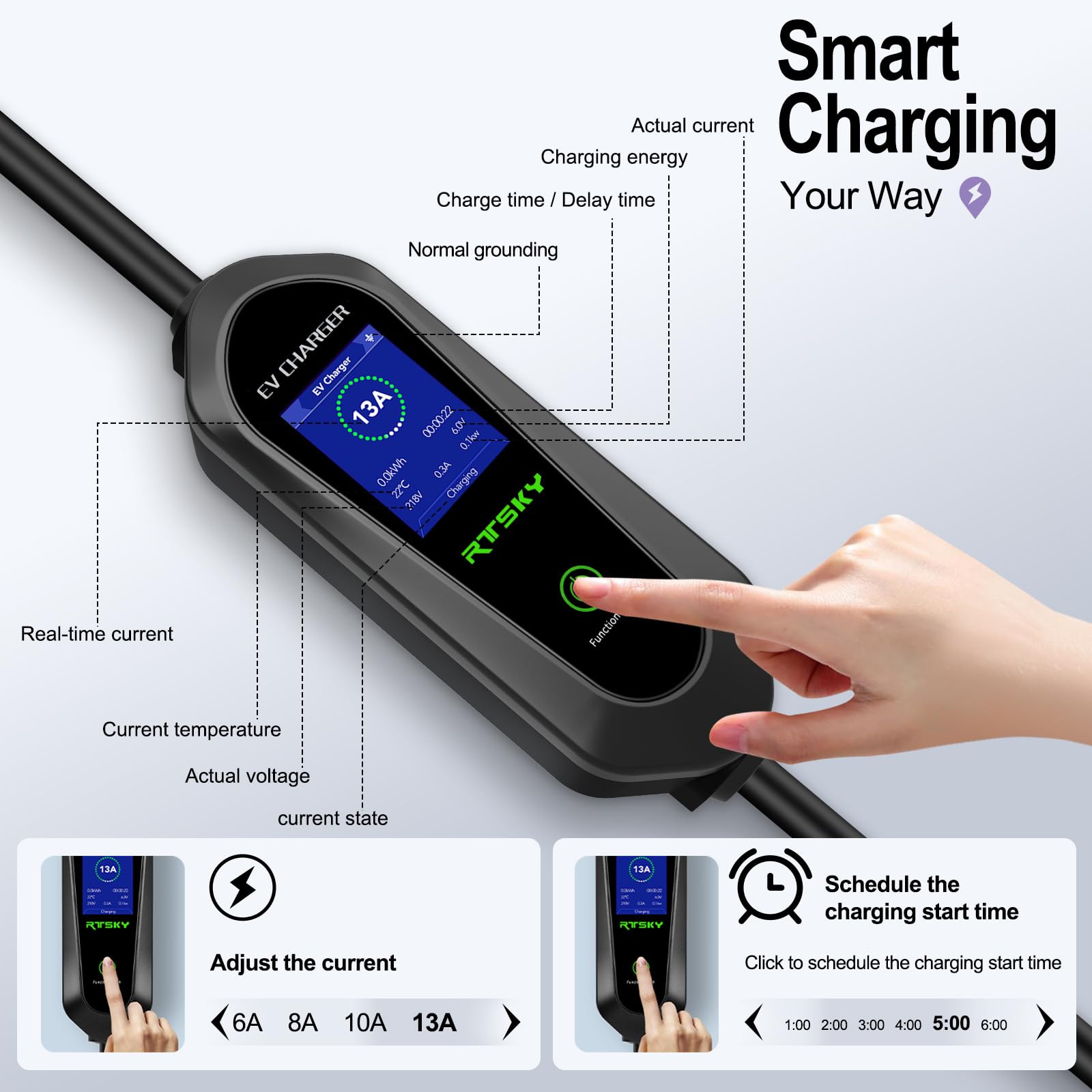 RTSKY Ev Charger Cable Type 2 to 3 Pin UK Plug 5M, 3KW 13A with Adjustable Current, Includes UI Display Screen, Storage Bag & Wall Mount — view 2