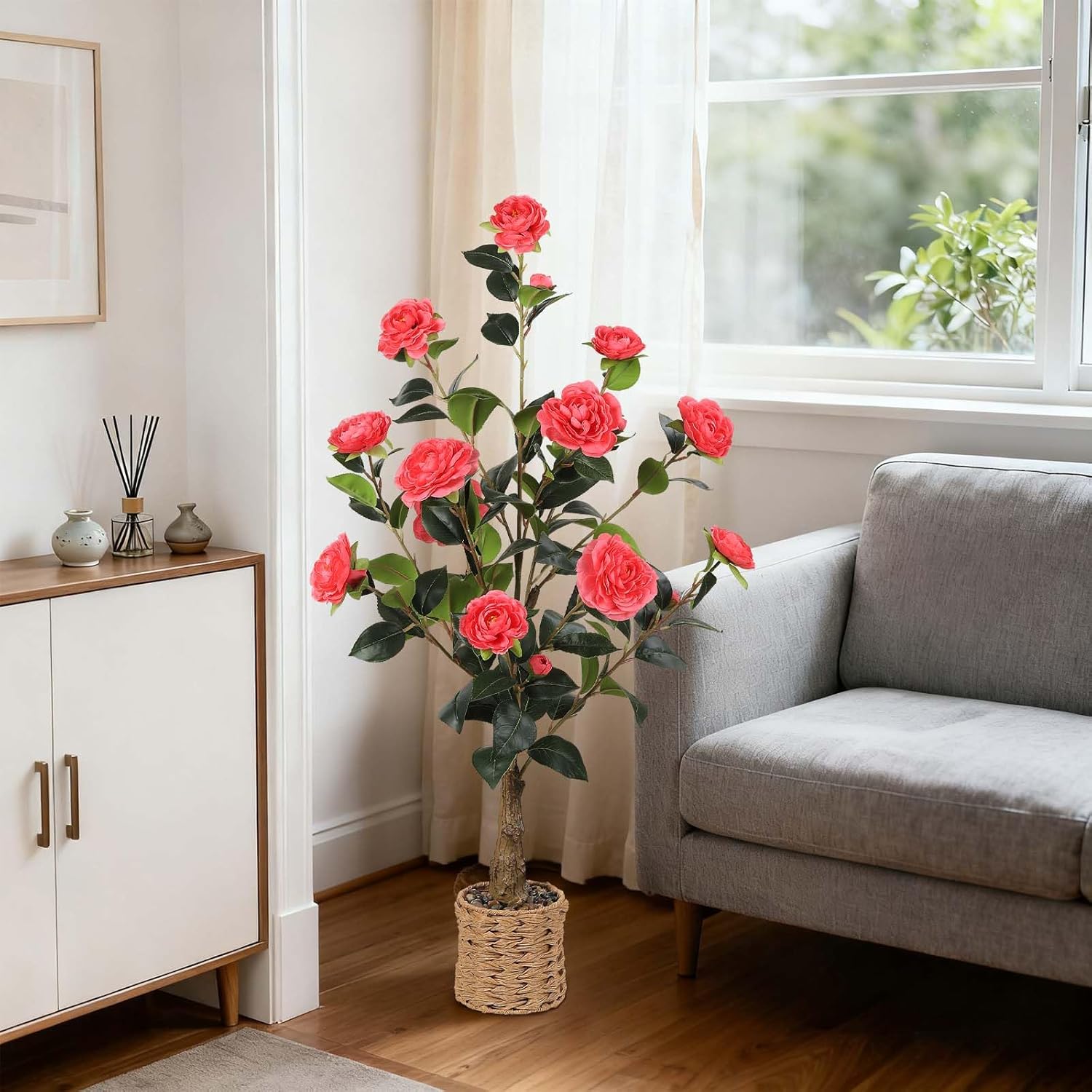 2Pack Artificial Camellia Tree, 3Ft Faux Pink Camellia Plant in Pot, Fake Outdoor Tree Camellia Flower Tree for Home Office Living Room Floor Indoor Decor
