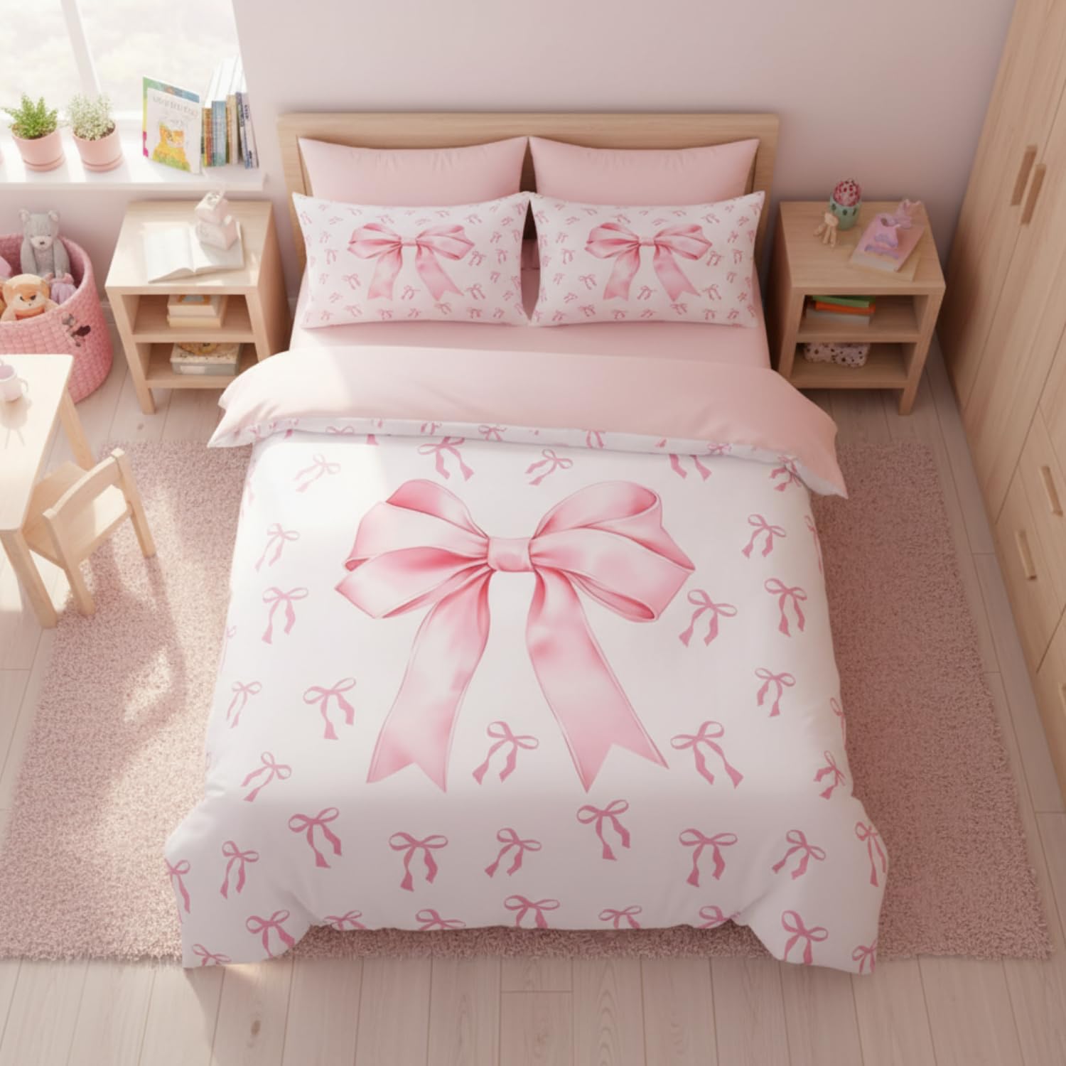 Homewish Girls Pink Bow Bed Set Kawaii Pink Princess Duvet Cover Single Purple and White Bowknot Bedding Set Dreamy Fairy Tales Quilt Cover for Kids Women