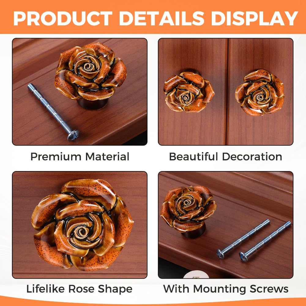 Yetaha 6 Pack Vintage Ceramic Cabinet Knobs, Rose Drawer Pulls, Antique Cupboard Handles for Furniture Kitchen Dresser Closet, with Screws (Orange)