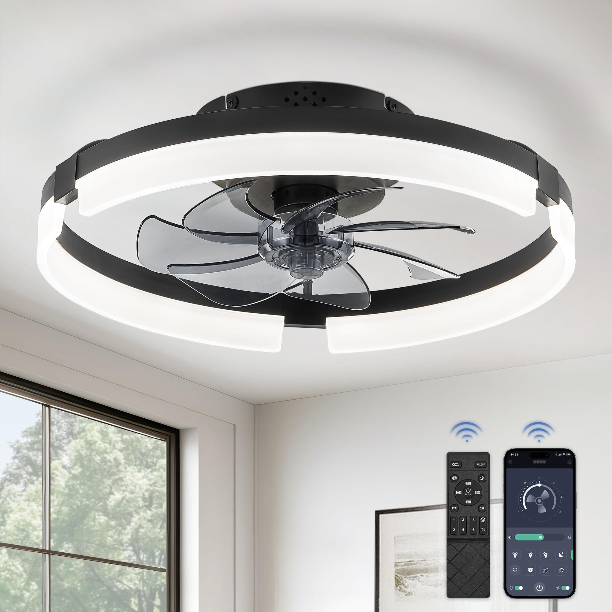 LEDIARY Ceiling Fans with Lights and Remote, 19.7 Inch Low Profile Ceiling Fan, 6 Speeds, Reversible, Dimmable Flush Mount Fan Light,Modern Ceiling Fan with Light for Bedroom, Black