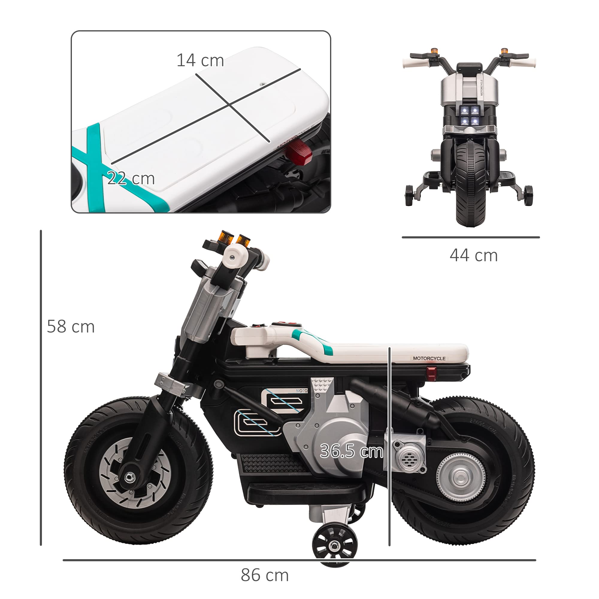 HOMCOM Moto Elettrica per Bambini 6V con Rotelle, Clacson, 4 Fari e Musica, Motorino Elettrico per Bambini 3-5 Anni in PP e Metallo, Velocità 3 km/h, 86x44x58 cm, Bianca