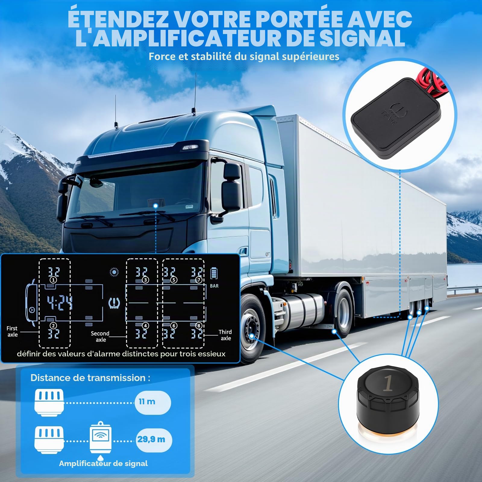 TPMS Système de Surveillance de la Pression des Pneus pour Camion avec 8 capteurs Système de Contrôle Solaire 13BAR pour 6/8 roues Van SUV Trailer Elv Écran 7"