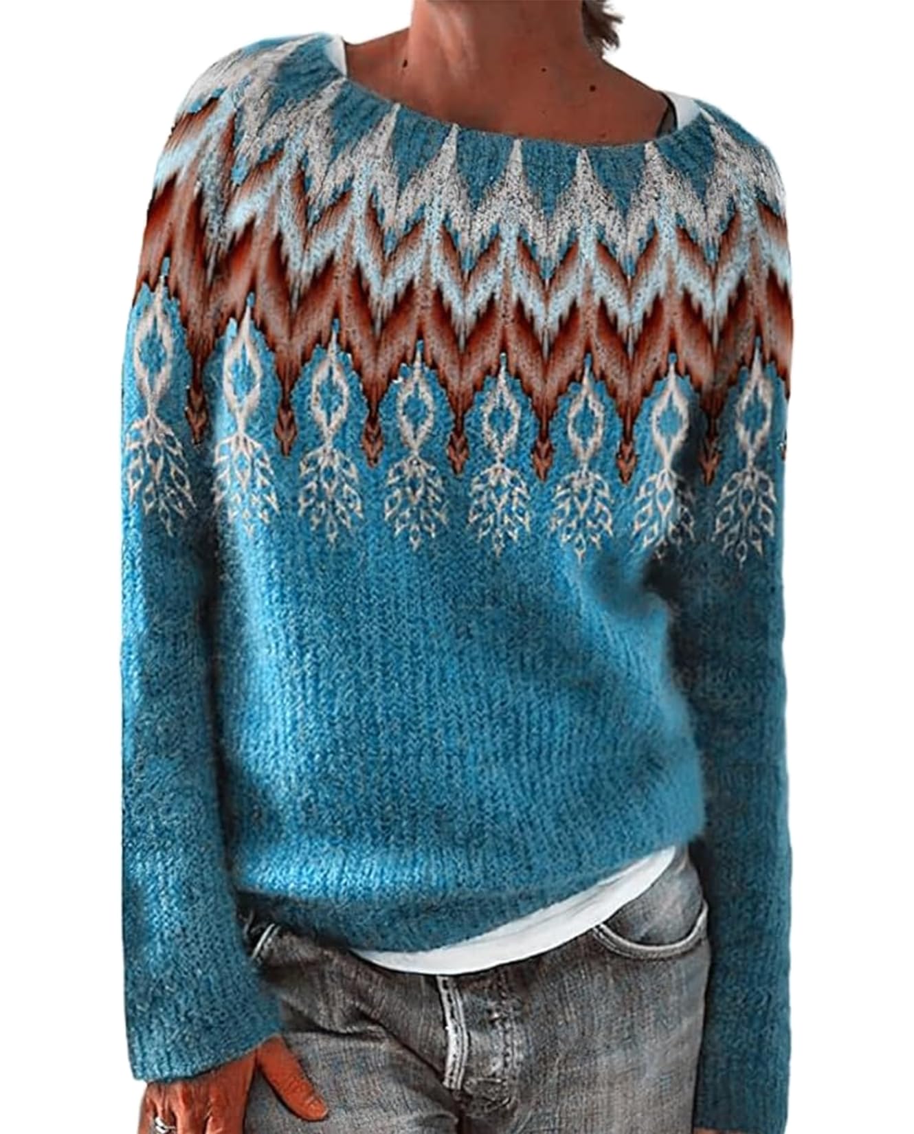 Fair Isle Sweater for Womens Winter Long Sleeve Vintage Knitted Sweater Casual Fall Crew Neck Pullover Sweaters