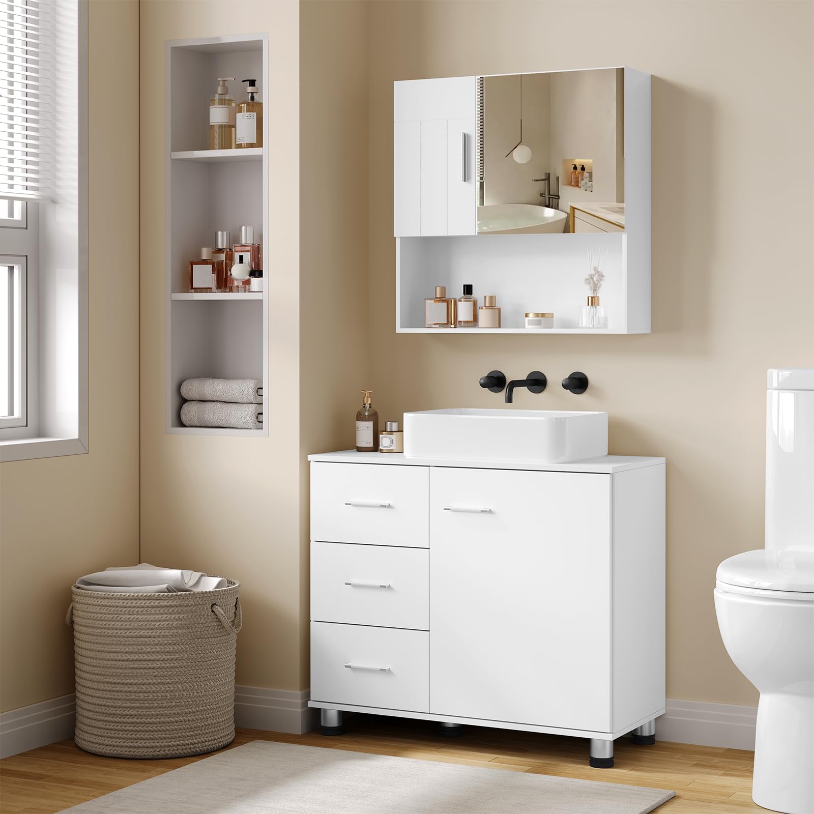 EUGAD Armario de Baño, Mueble Auxiliar Baño con 3 Cajones, Mueble Bajo Lavabo, Estante Ajustable, Blanco, 5 Patas Robustas, 70x60x30 cm