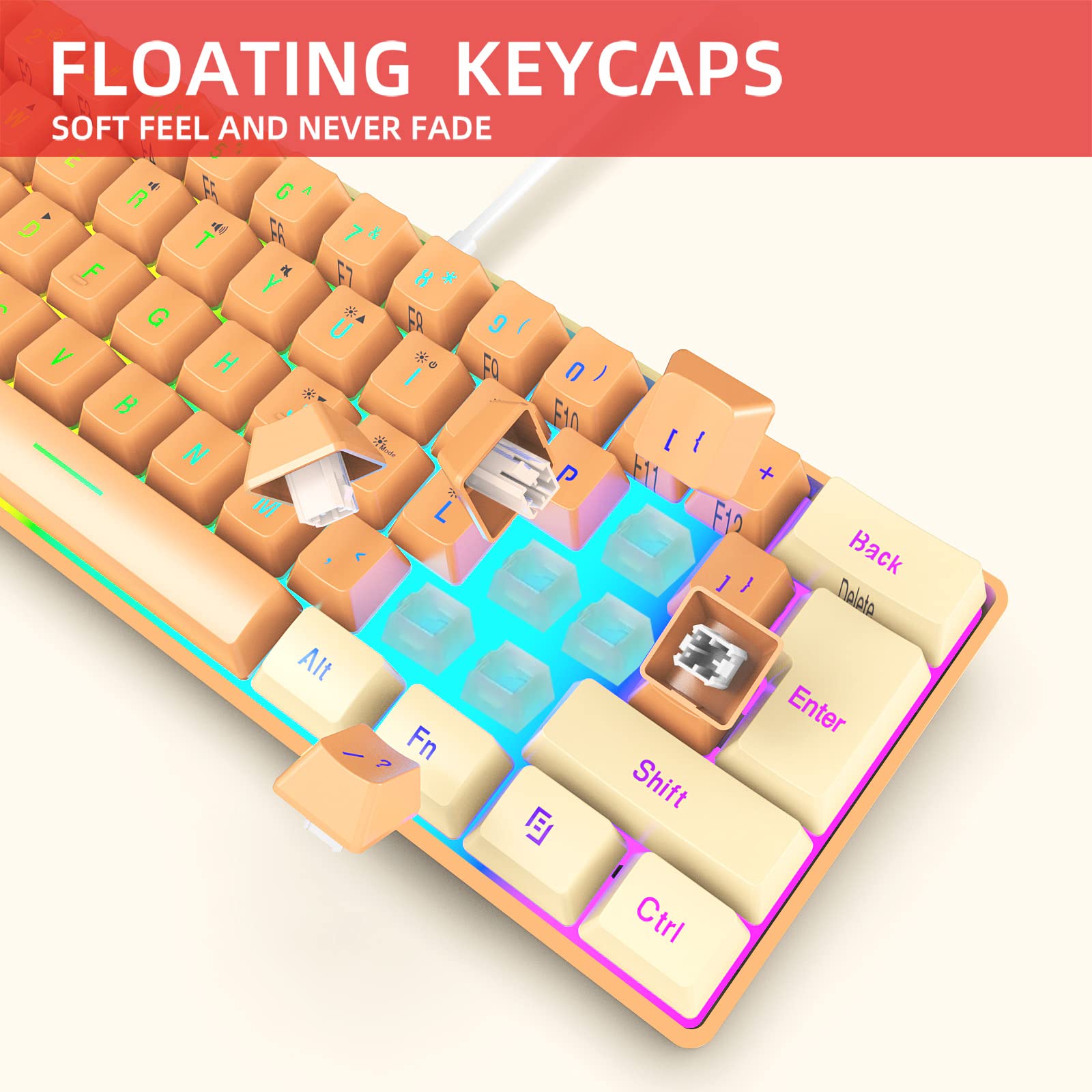 Snpurdiri 60% Wired Gaming Keyboard, RGB Backlit Ultra-Compact Mini Gaming Keyboard for PC/Mac Gamer, Typist, Travel (Cream and Orange) view 9