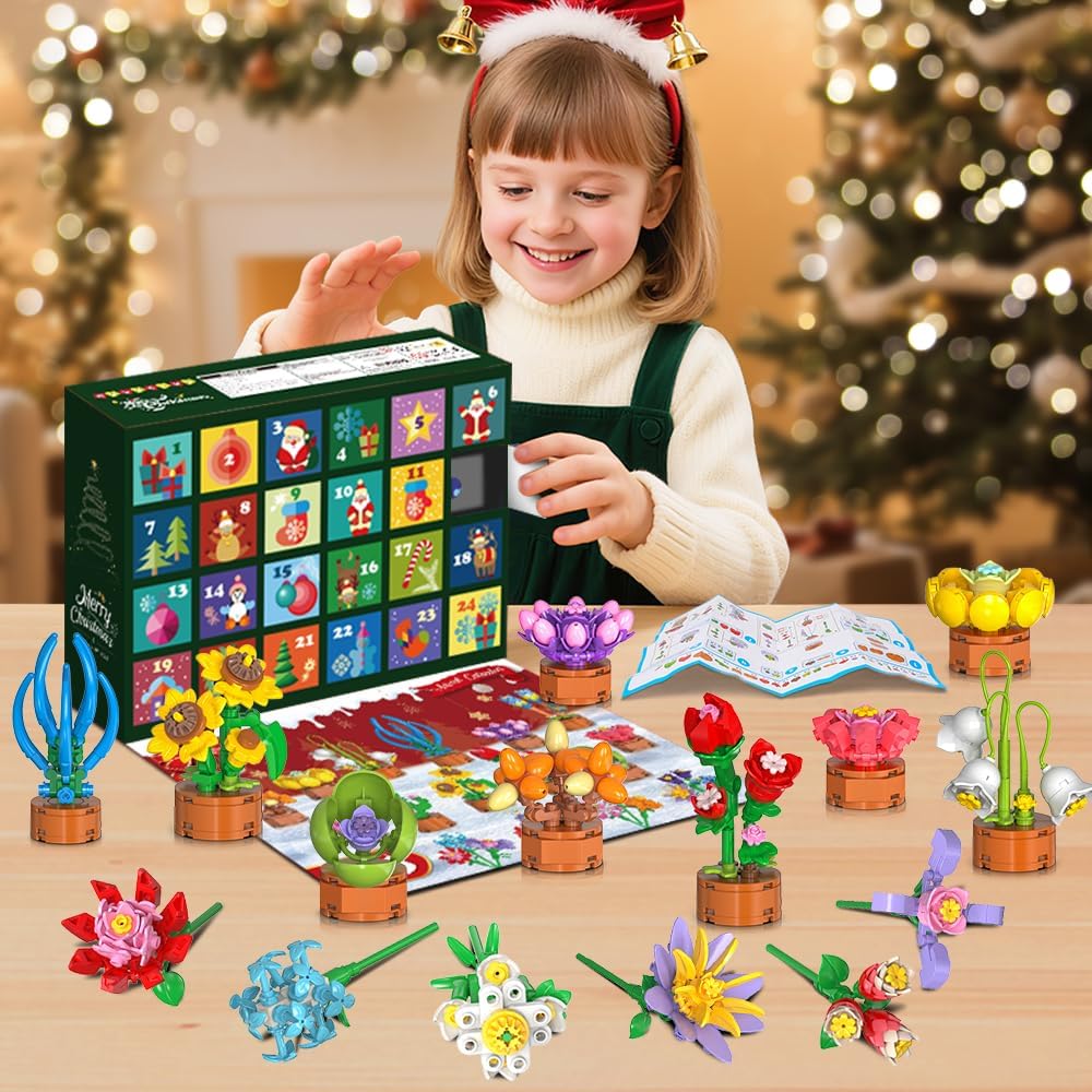 HOGOKIDS 2025 Advent Calendar Flower 3.6 Mini Building Set - 24 Day Christmas Countdown Calendar Succulent Building Block Toy 827PCS Party Favors Stocking Stuffer Xmas for Kids Girls Boys Ages 6+