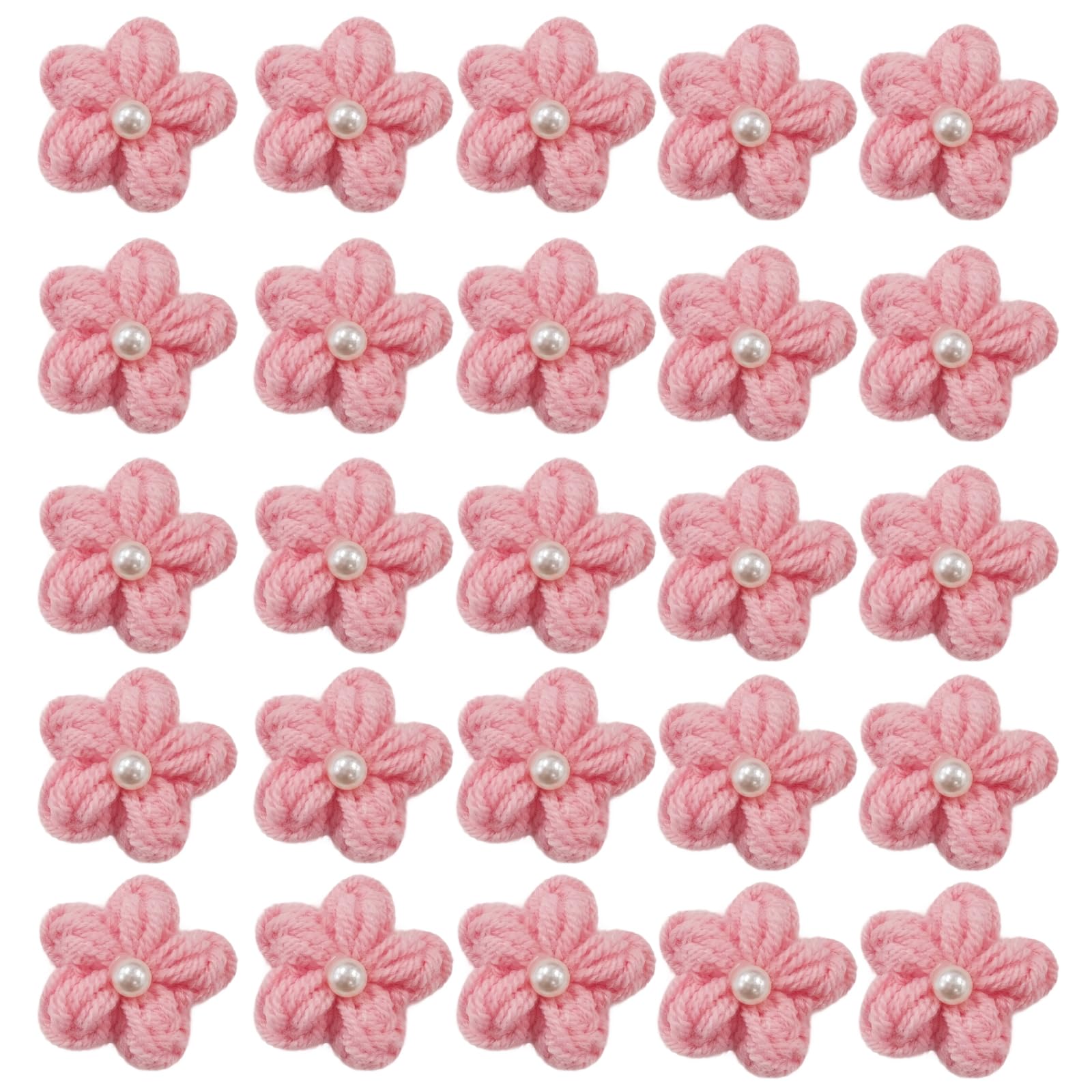 Jtnohx Pink Knitted Flower Patches，Crochet Flowers Applique，25Pcs Handmade Floral Sew On Patches，3Cm Diy Appliques Embellishments With Pearl, Crochet Floral For Crafts,Sew Accessories(