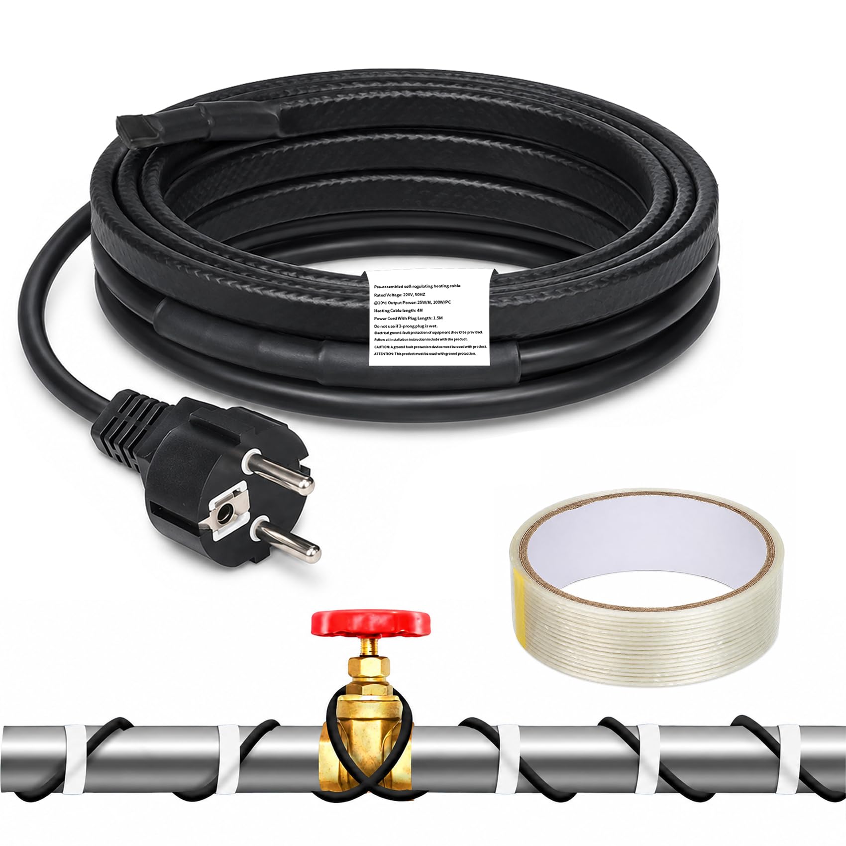 Cable calefactor autorregulador de 4 m premontado con termostato, calefacción de tubos, cable calefactor anticongelante para tubos de agua, tuberías de agua para exteriores y jardín, protección contra