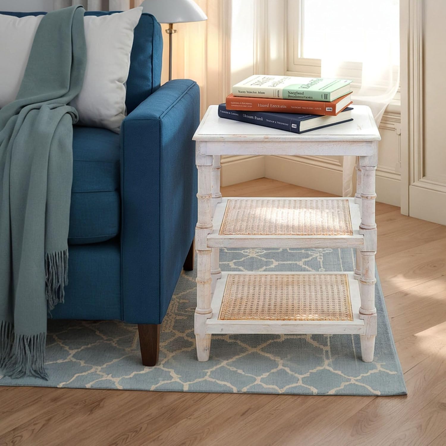 Carolina Chair & Table Chesterfield Mango Wood Side Table – Square Natural Rattan 3 Shelf Storage - Handcrafted Living Room Furniture, Functional Table with Full Assembly Required(Whitewash)