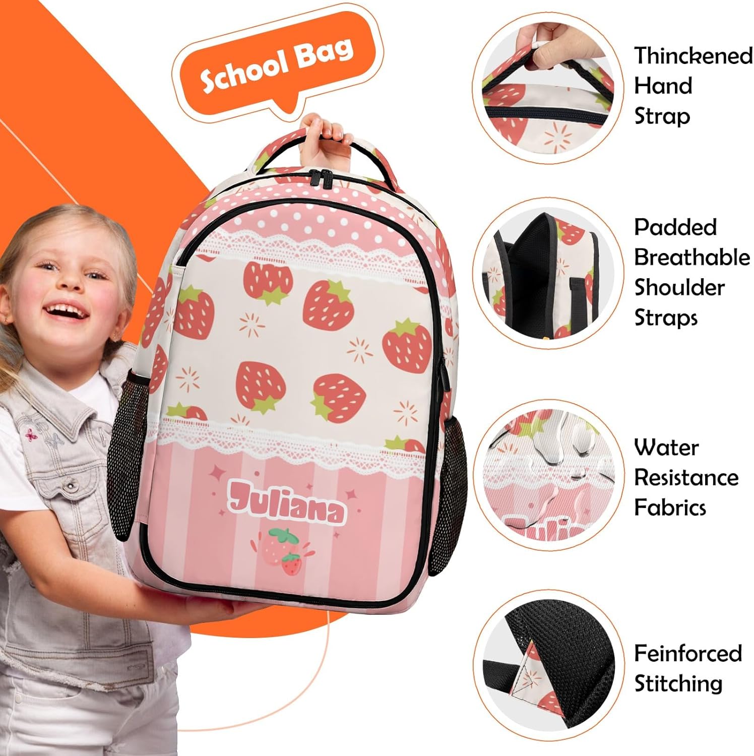Voltexia Custom Strawberry Backpack with Lunch Box Pencil Case 3Pcs Personalized Backpack with Name Text Customized BookBag School Daypacks for Girls