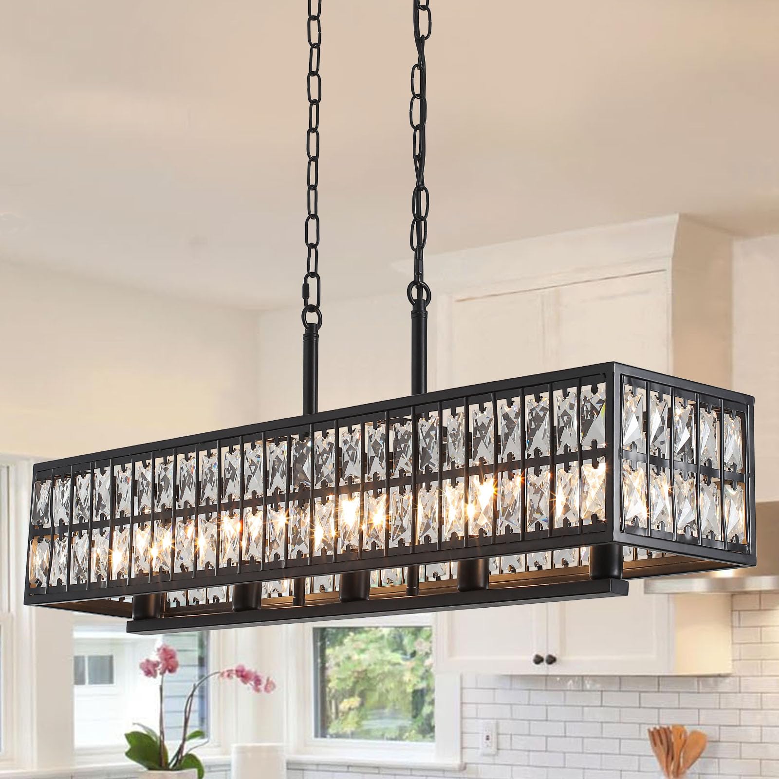 Schwarzer Kristall-Kronleuchter, 5-Licht Vintage Industrie-Kristall-Lampe mit E14 dimmbaren Sockel, Rechteck hängende Decke Pendelleuchte höhenverstellbar für Kücheninsel, Esszimmer