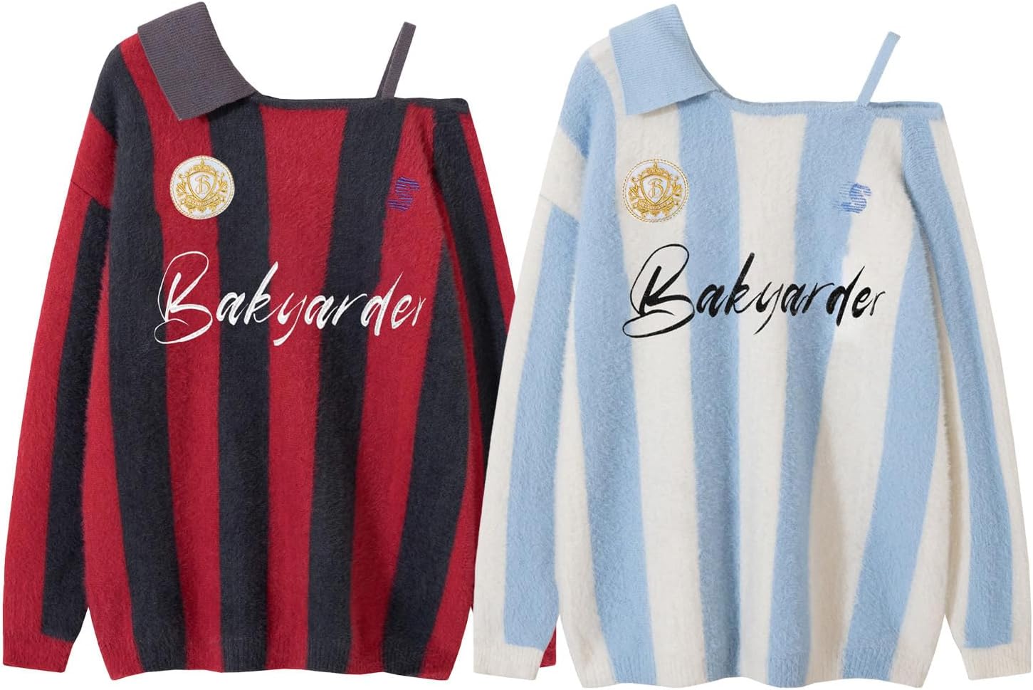 Bakyarder Women’s Off-Shoulder Stripe Knit Sweater Vintage Polo Jersey Style Loose Fit Fuzzy Pullover Y2K Streetwear - Image 7