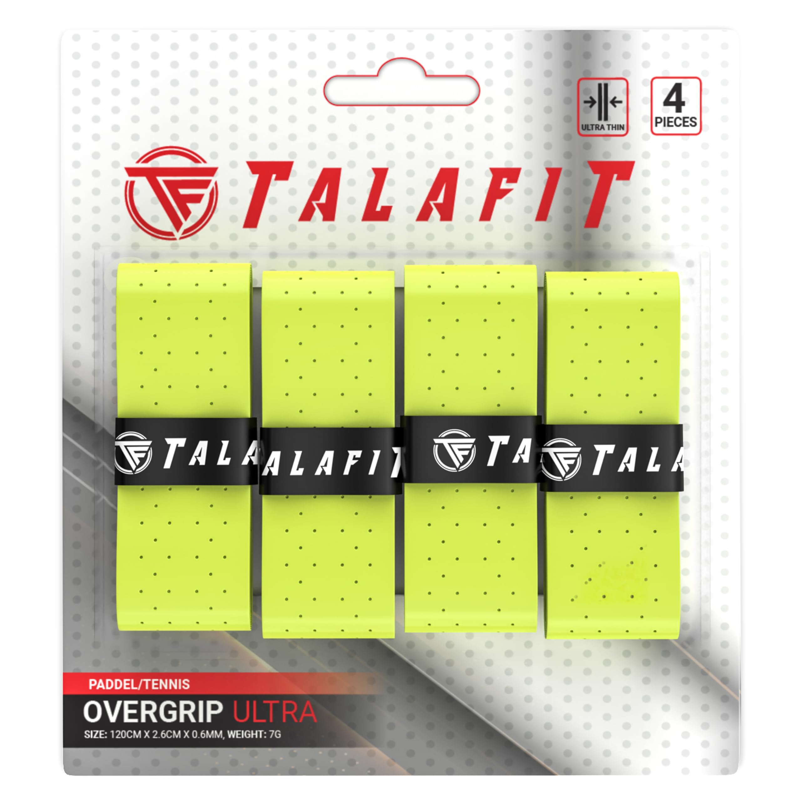TALAFIT OverGrips Padel Ultra ADHERENTS - Pro Model Padel Grip - Paddle Grip - Perforated Paddle Overgrip - Tennis Grip - Padel Accessories - Maximum Grip … (Yellow x4)