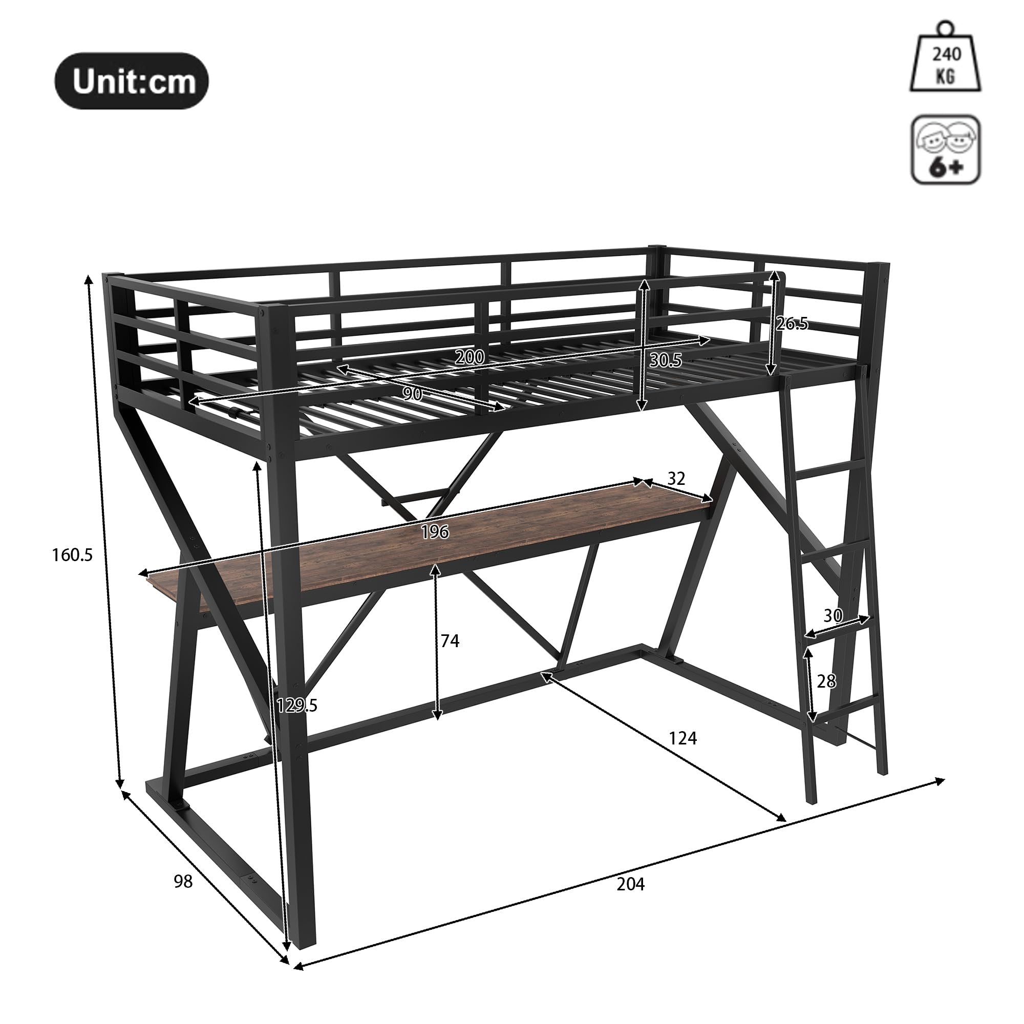 Moimhear Letto a soppalco 90 x 200 cm, telaio in ferro, striscia LED, ringhiera, scale, scrivania, senza materasso (nero)