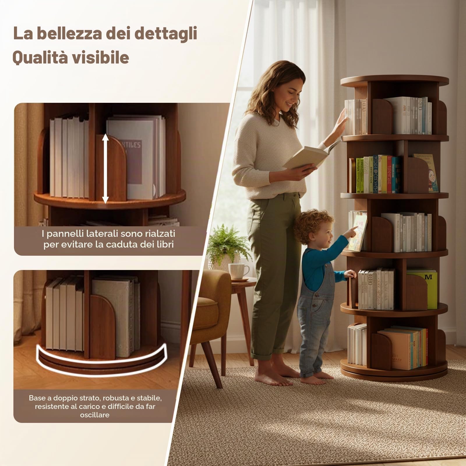 Libreria Girevole 360 Gradi 5 Ripiani, Libreria Girevole Bambini, Libreria Verticale, Scaffale per Libri Stretto in Legno per Camera da Letto, Soggiorno (46x46x157 cm, Marrone)