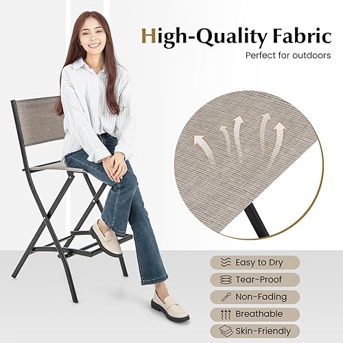 Miniatura 4 de COSTWAY Juego de 4 sillas de bar para patio al aire libre, taburete plegable de altura de barra con marco de metal y reposapiés, taburete de bar