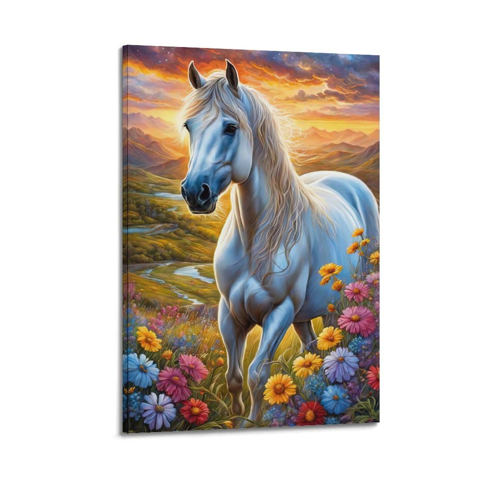 WPHSFX Animal Poster White Horses And Flowers Poster Decorative Painting Canvas Wall Posters And Art Picture Print Modern Family Bedroom Decor Posters 24x36inch(60x90cm)