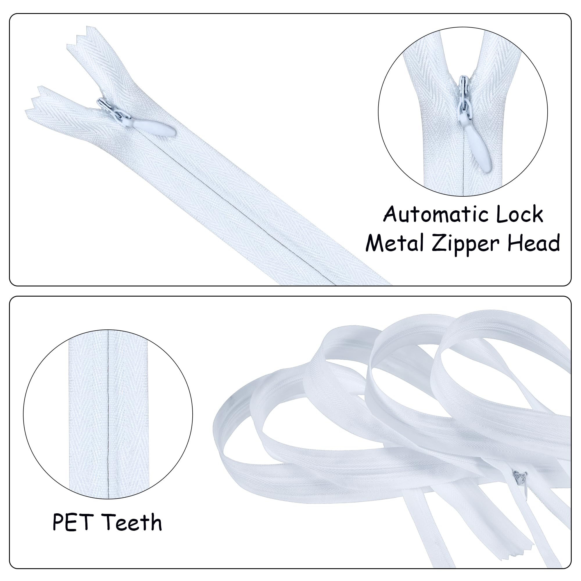 5pcs Invisible Zips, White Zips, 16 Inch / 40cm Nylon Closed-Ended Concealed Zipper - Image 4