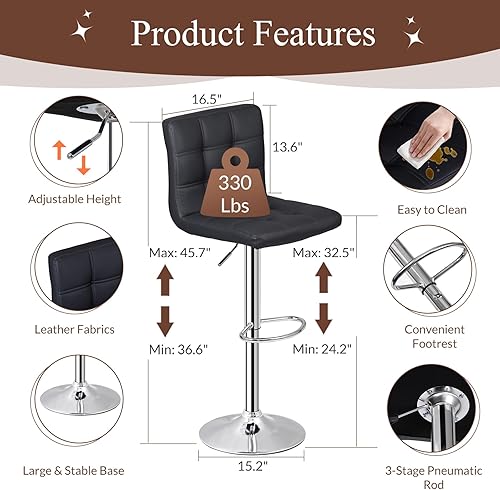 Miniatura 23 de ZENY Taburetes de bar extragrandes – Sillas de mostrador ajustables de altura giratoria, juego de 4, taburetes cuadrados de piel sintética para
