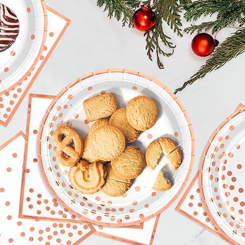 Miniatura 5 de Platos y servilletas de papel de oro rosa blanco, platos de postre de papel de puntos dorados de 25 x 7 pulgadas y servilletas de 25 x 6.5 pulgadas,