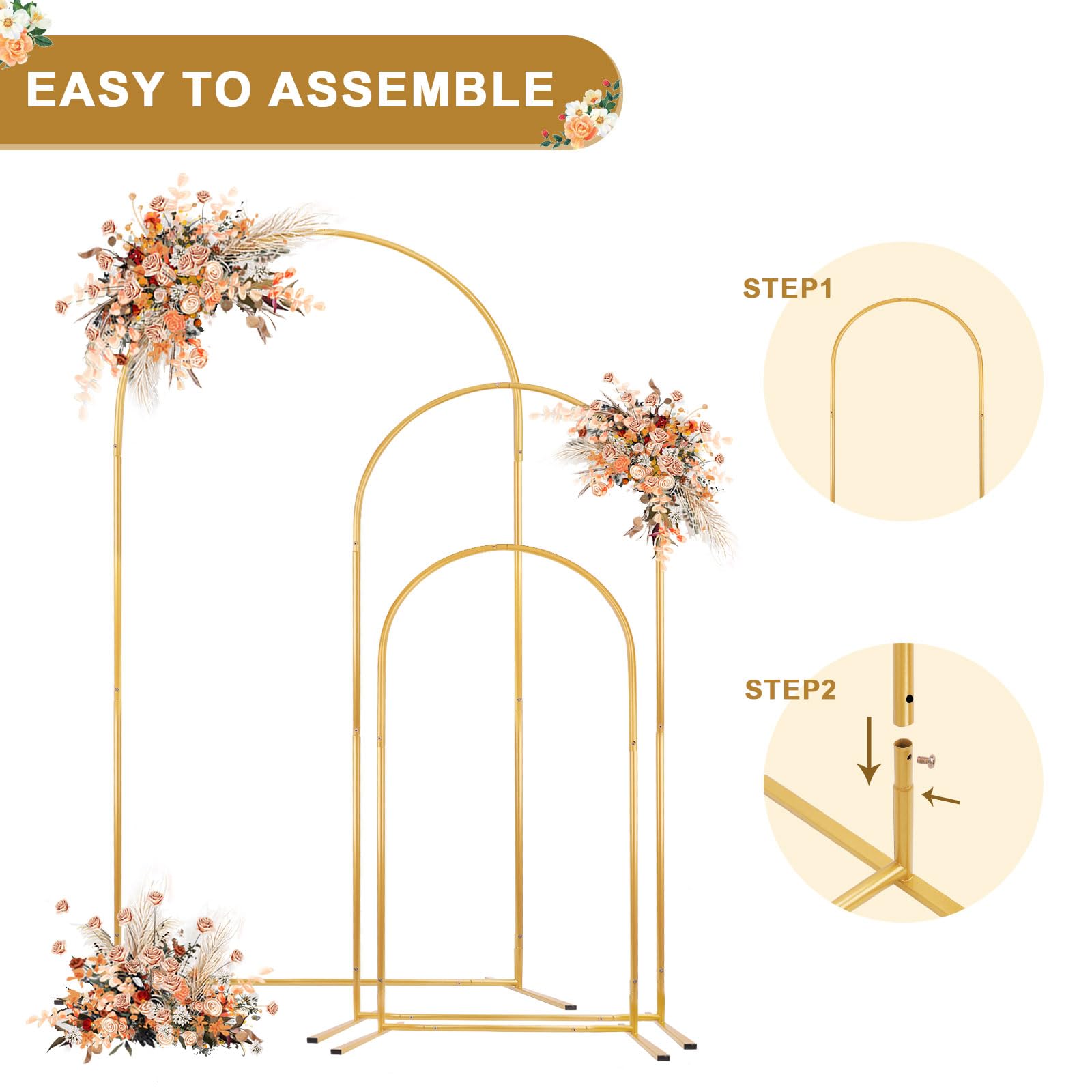 Lot de 3 Arches de Mariage en Métal Doré, Grand Kit de Support de Toile de Fond, Cadre de Guirlande Artificielle, Adaptées Arche de Mariage, Fêtes Prénatales, Anniversaires(6,56 Ft, 5,25 Ft, 4,27 Ft)