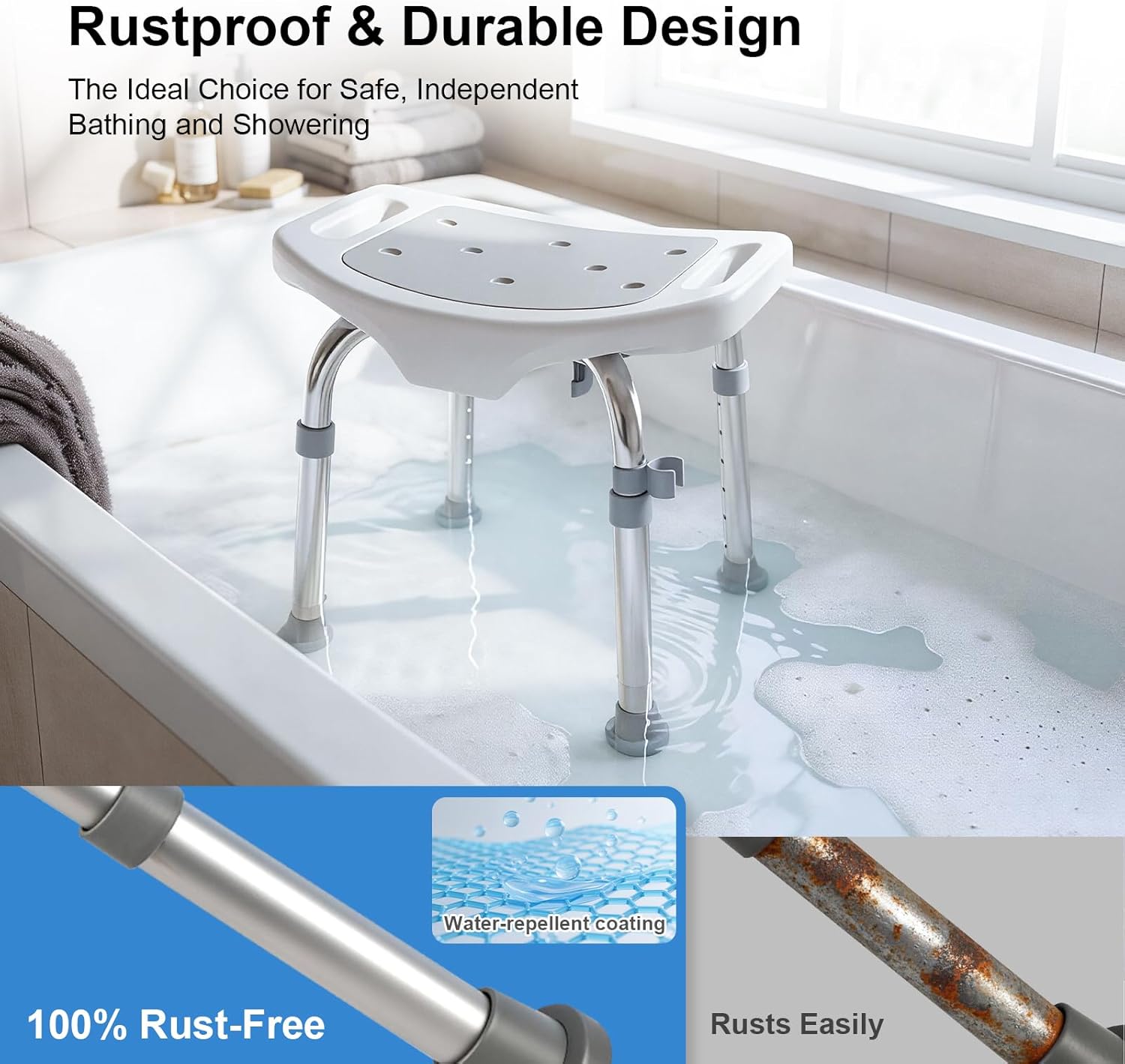 BLESSREACH Shower Chair for Inside Shower, 400 lbs Adjustable Shower Stool with Suction Feet, Shower Seat for Inside Tub Bathroom Bench Bath Chair for Elderly and Disabled - Light Grey