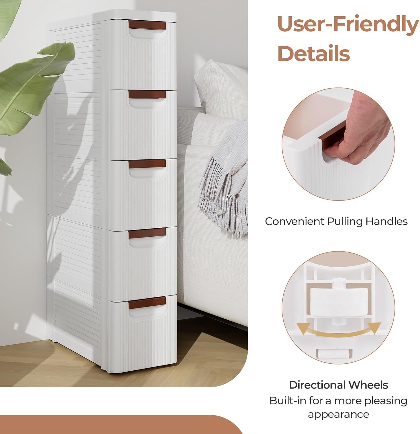 Giantex 5-Drawer Rolling Organizer Unit, Narrow Storage Cabinet for Small Space with Built-In Wheels, Plastic Cart Container for Bathroom, Classroom, Studio & Salon, White (5-drawer)