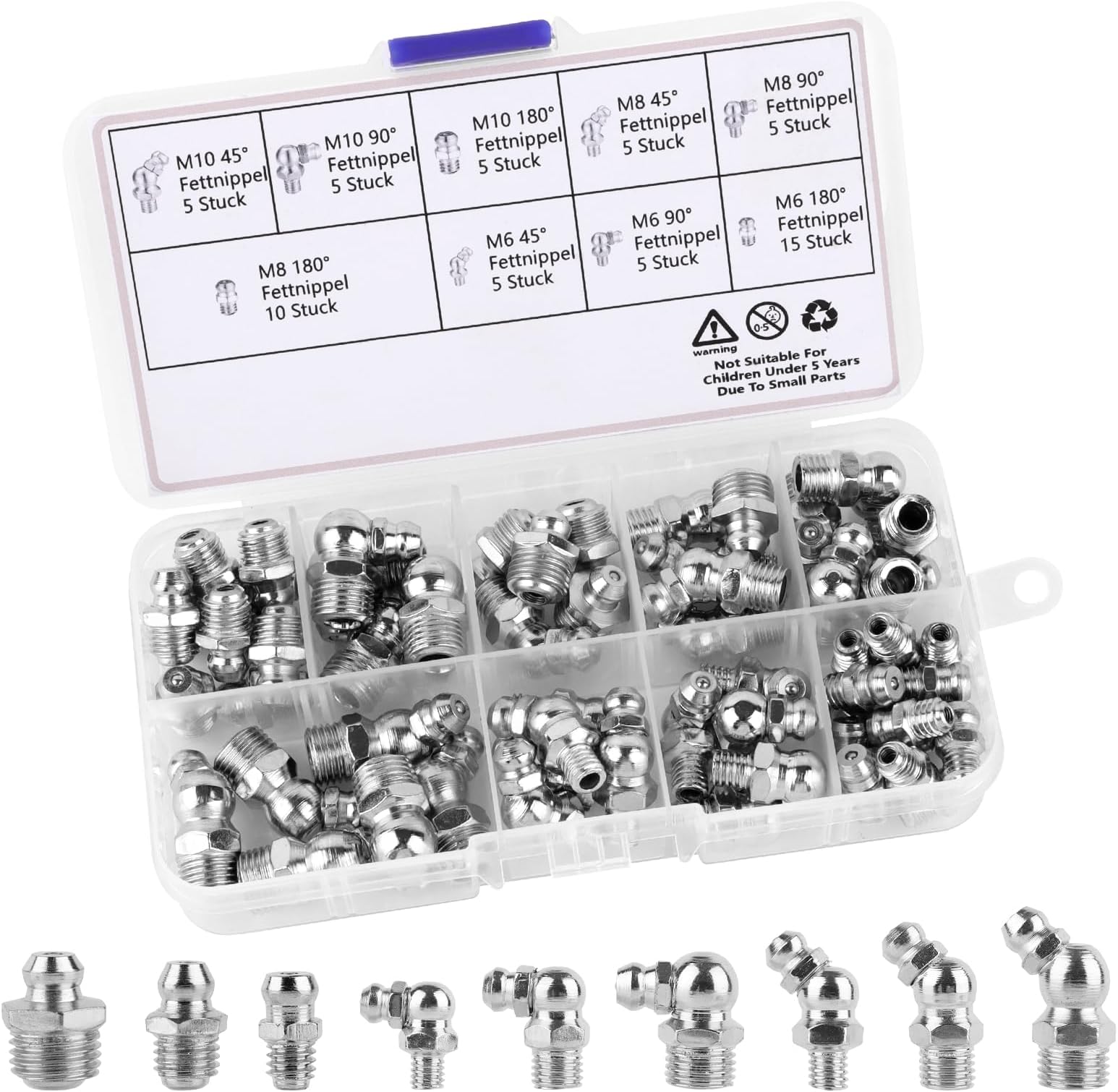 Schmiernippel Sortiment Kit, 120 Stück Kegelschmiernippel Set M6/M8/M10