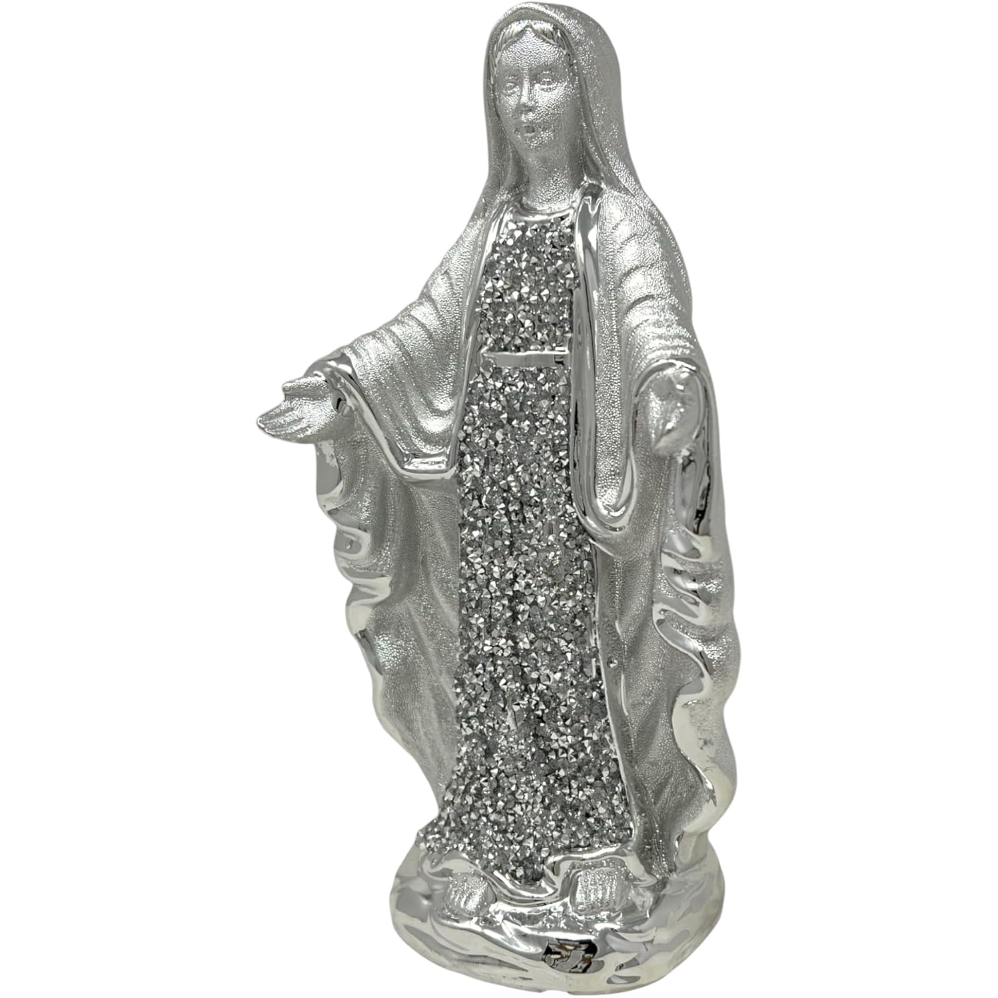 SHABJY Virgin Mary Statue – Silver Our Lady of Grace Figurine, Crushed Diamond Effect, 25cm Religious Ornament, Catholic Home Decor, Prayer Room, Wedding or Mother Gift