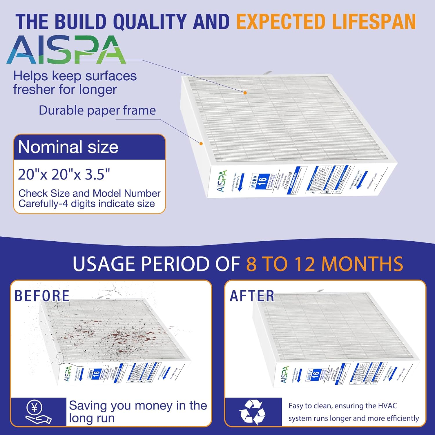MERV 16 furnace filters, 20x20x3.5 Inches, Compatible with Bryant Carrier Infinity Air Purifier Cartridge, Replacement for GAPCCCAR2020 & GAPBBCAR2020 furnace filter