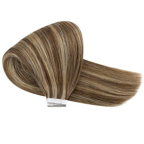 Miniatura 9 de Sunny Hair - Extensiones adhesivas de cabello humano, color castaño oscuro con reflejos rubio caramelo, 20 unidades, 1.76 onzas, 16 pulgadas