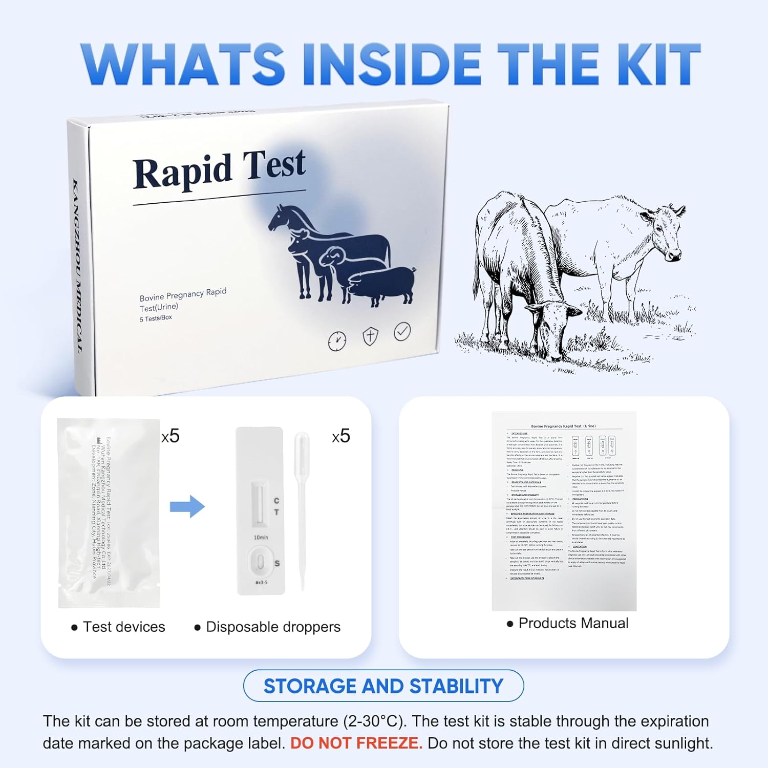 Bovine Pregnancy Test Kit - 5 Urine Tests, Rapid Results in 5-15 mins for Dairy & Beef Cows, Accurate Early Detection 18-90 Days Post-Breeding