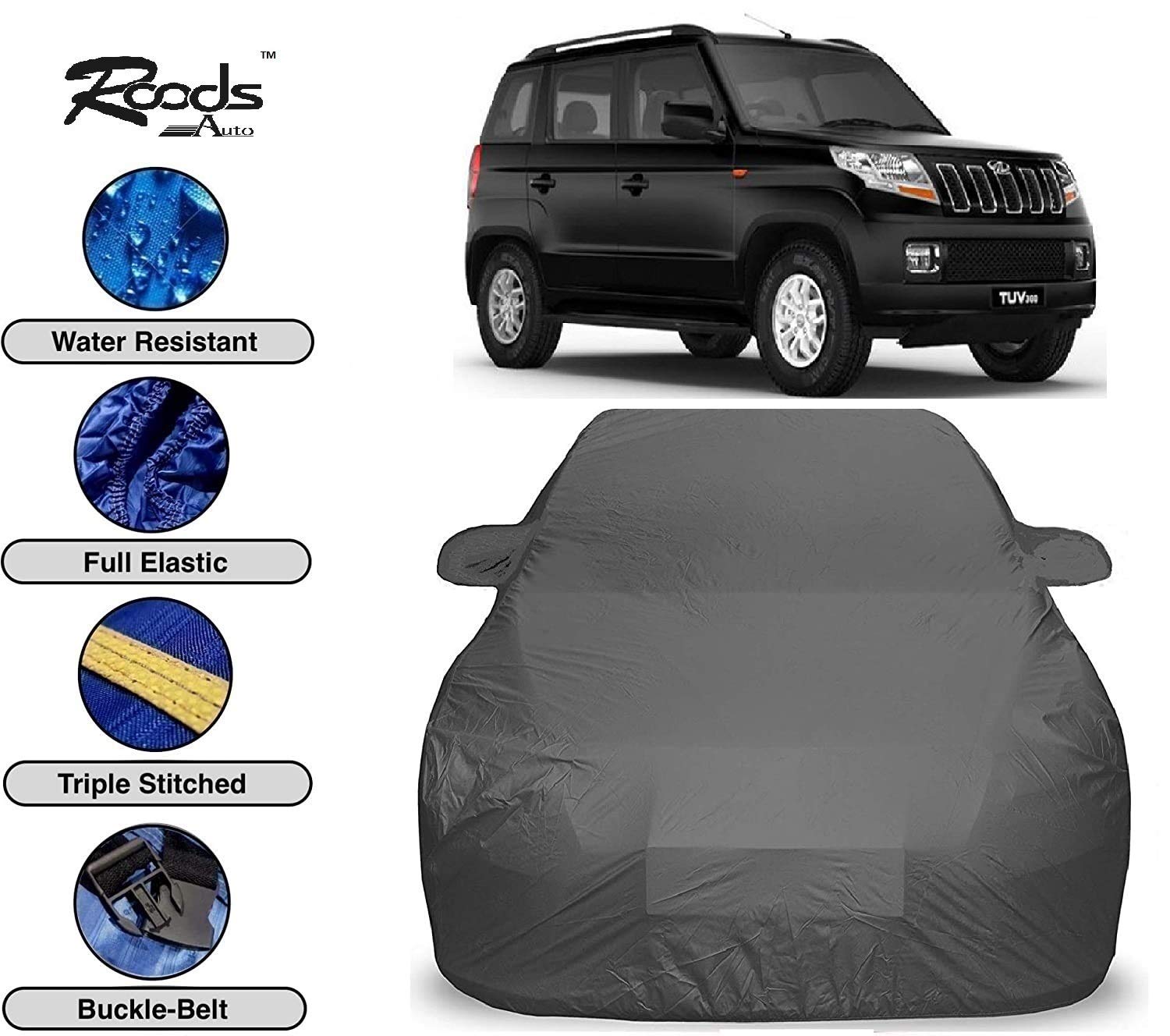 ROODS AUTO™ Prime Quality Car Body Cover for Mahindra TUV-300 Triple Stitched-Fully Elastic-Ultra Surface Body Protection (Grey Look)
