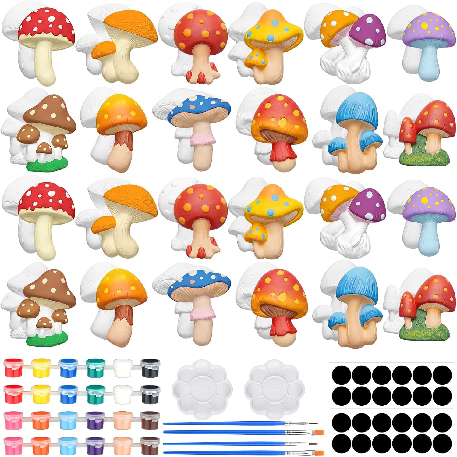 Junkin 24 Sets Mushroom Arts and Crafts Set Painting Kit for Unpainted DIY Ceramic Figurines Paint Your Own Figurines with 24 Magnet 4 Brushes and 2 Palette Ceramic Painting Kit Creative Activity