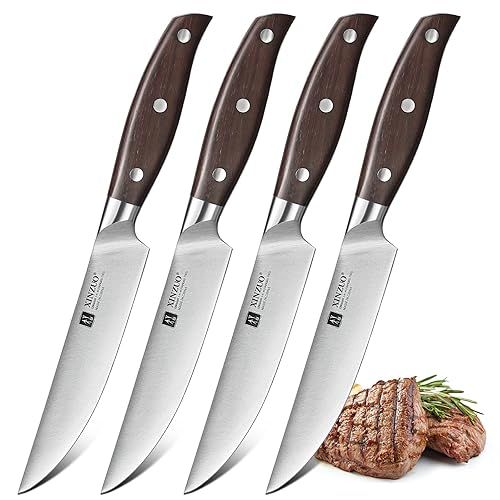 XINZUO Set Cuchillos de Carne 4 Piezas Acero Inoxidable AlemΓ‘n 1.4116, 12.7cm Cuchillo de Bistec Afilado Cuchillos de Mesa,Para el Hogar y Restaurante Cuchillo Chuleteros-Mango de Red Sandalwood - Set Cuchillos de Carne 4 Piezas