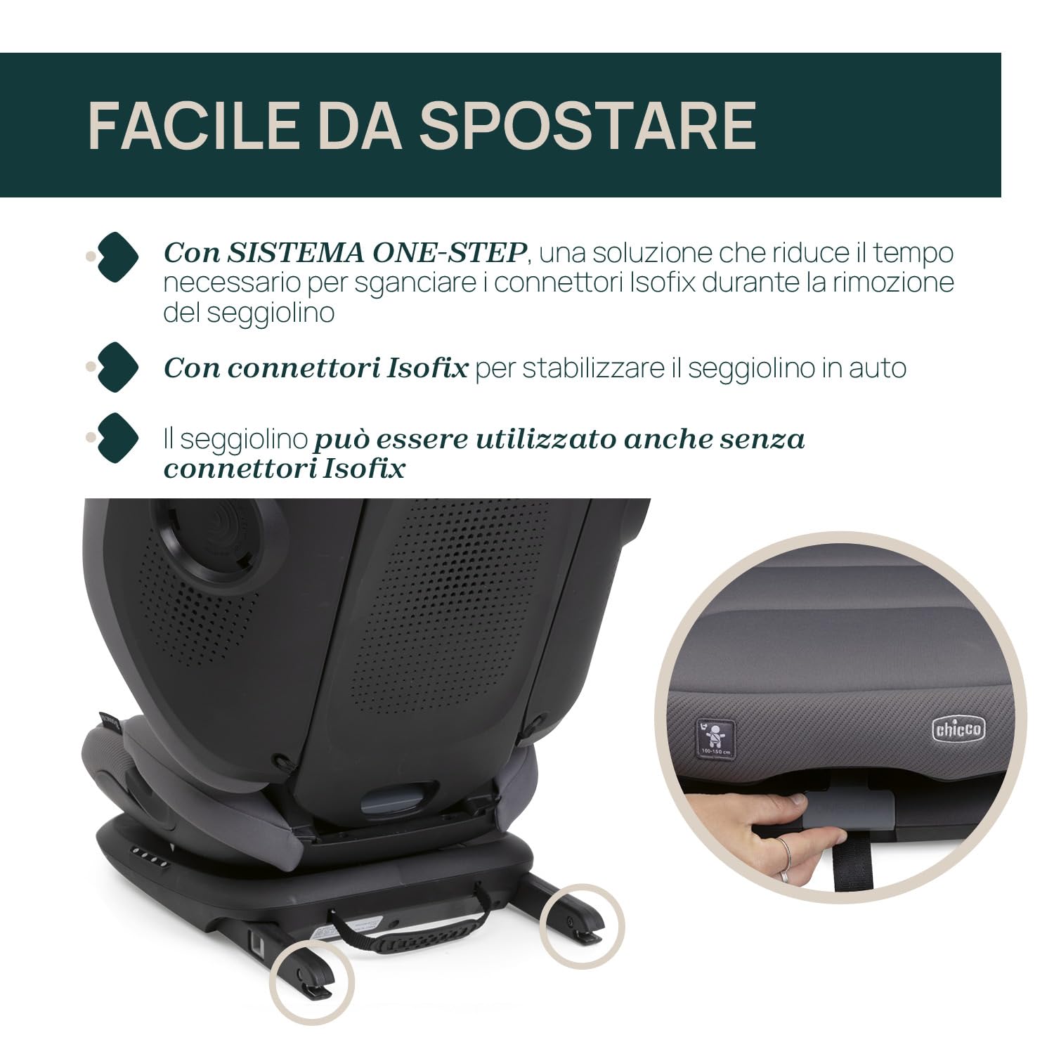 Chicco Fold&Go S i-Size (ECE R129/04), Seggiolino Auto 100-150 cm, con Connettori Rigidi Isofix, Bambini 3-12 anni, Reclinabile e Pieghevole, Protezione Laterale, Altezza e Seduta Regolabili