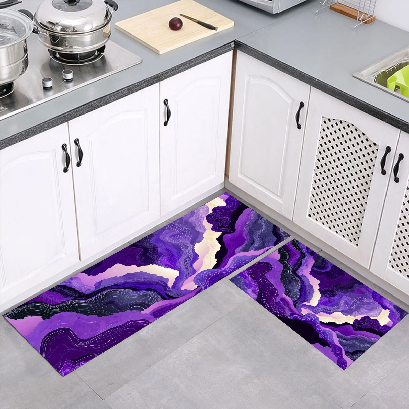Tapis de cuisine lavable et antidérapant lot de 2 violet effet marbré