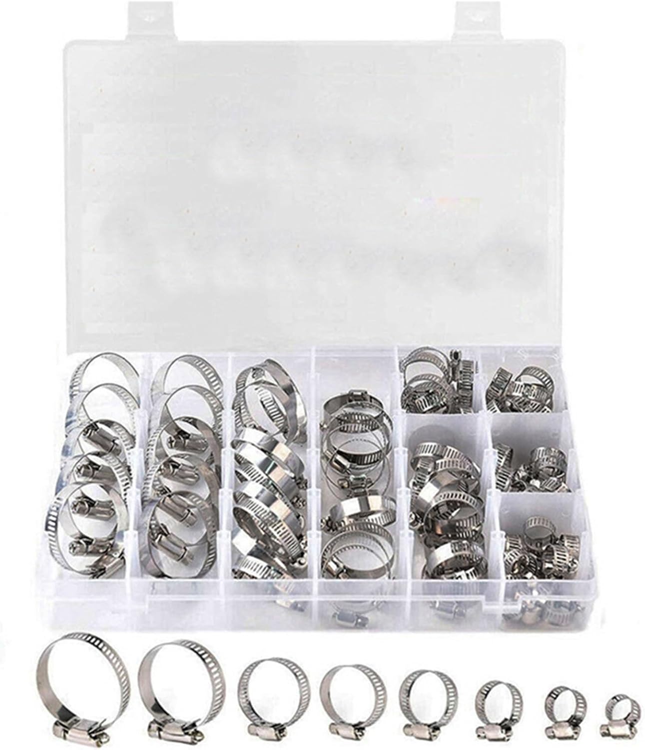 91Pcs/Box Multi-size 304 Stainless Steel Pipe Clamp Fuel Hose Clamp Worm Gear Hose Clip Set Hardware Tools Pipe Clamps