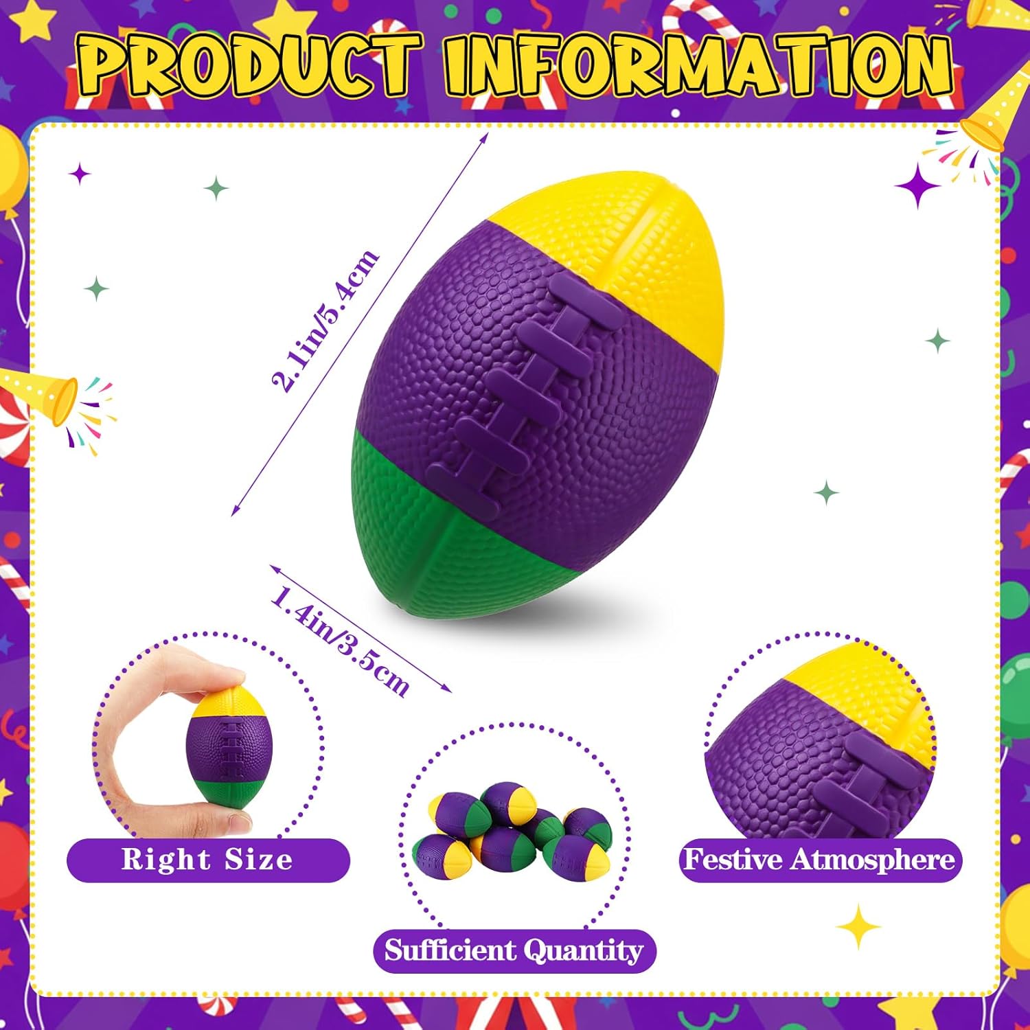 Soulchen 24 Pack Mardi Gras Parade Throws Bulk Mardi Gras Mini Footballs Foam Stress Ball 2.1 inch Yellow Green Purple Footballs for Throws Party Favor Supplies Decorations Tiered Tray