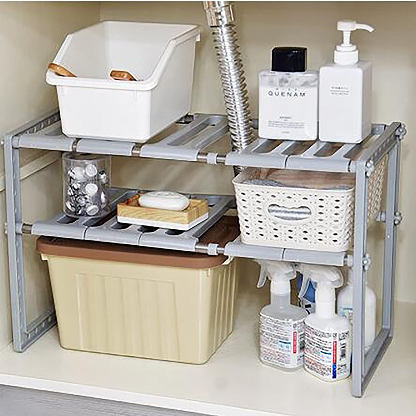 QUNINE Küchenorganisatoren, Aufbewahrungsregale, verstellbar, ausziehbar, vielseitig einsetzbar, für Küche, Badezimmer, unter der Spüle, Regal, Organizer/Grau (Grau)