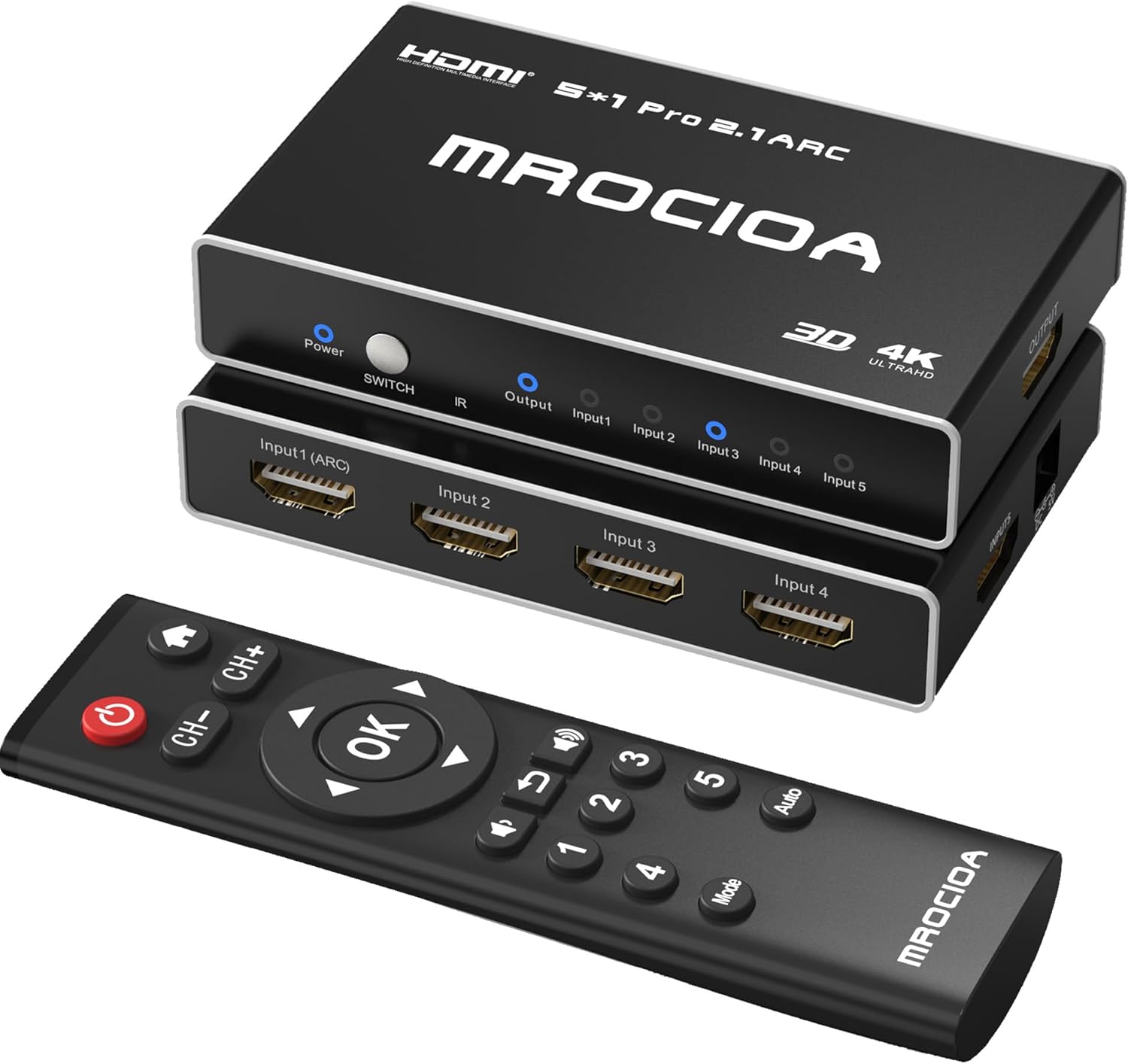 Mrocioa 8K HDMI 2.1 Switch 5 in 1 Out with Universal Remote/iOS App, HDMI Switch 4K 120Hz, Support ARC, Res Adjust, HDCP2.3, HDR, ALLM/VRR, CEC, Dolby, for PS5, Xbox Series X, Applt TV, Fire TV etc.