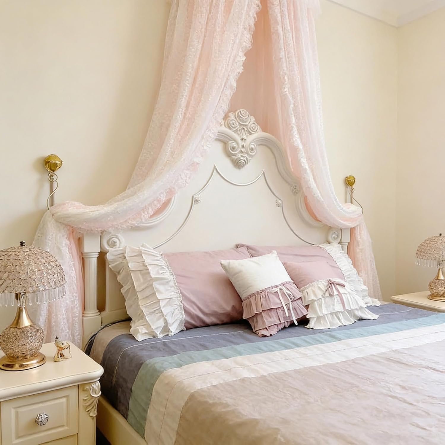 BK&MF Luxury Princess Bed Canopy for Girls,Double Layer Drape Netting Bed Curtain, Children Dreamy Mosquito Net Reading Nook Canopy for Kids Room,Jade,150cm(60") Queen