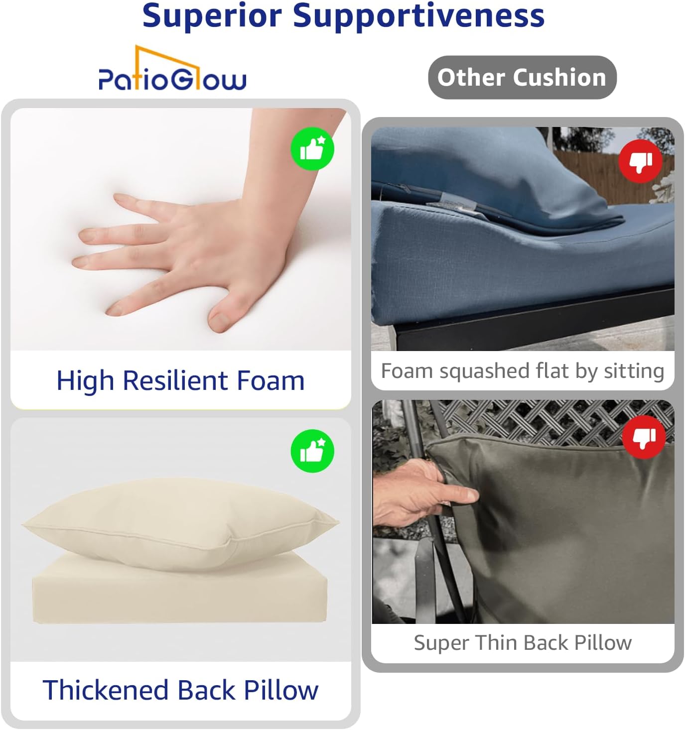 PatioGlow Outdoor Seat Cushion Set, 24" x 24" x 3.5", Set of 2, Water-Resistant & Fadeness Patio Furniture Cushions with Removable Cover & Ties, Thick Deep Seating Pads for Outside Sofa Couch, Khaki
