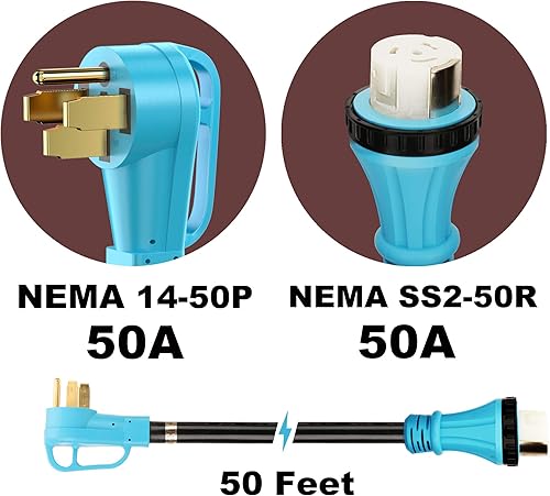 Miniatura 2 de CircleCord Cable de 50 amperios RVgenerador de 50 pies con conector de bloqueo, cable STW de calibre 63+81, macho 14-50P y hembra SS2-50R de bloqueo