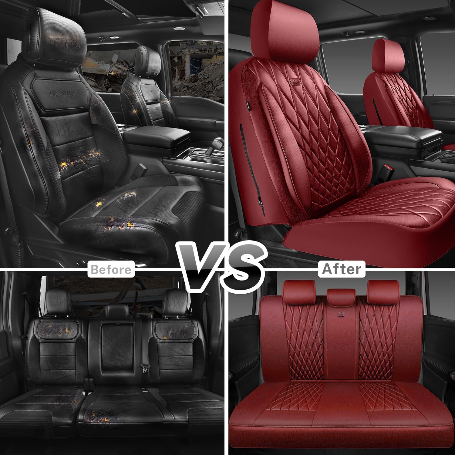 CAR PASS Piping Luxury Faux Leather Seat Covers Full Set, Premium Delux Anti-Slip Waterproof Automotive Seat Cover Universal Fit for Sedans Suvs Vans Trucks, Armrest & Airbag Compatible, Burgundy Red