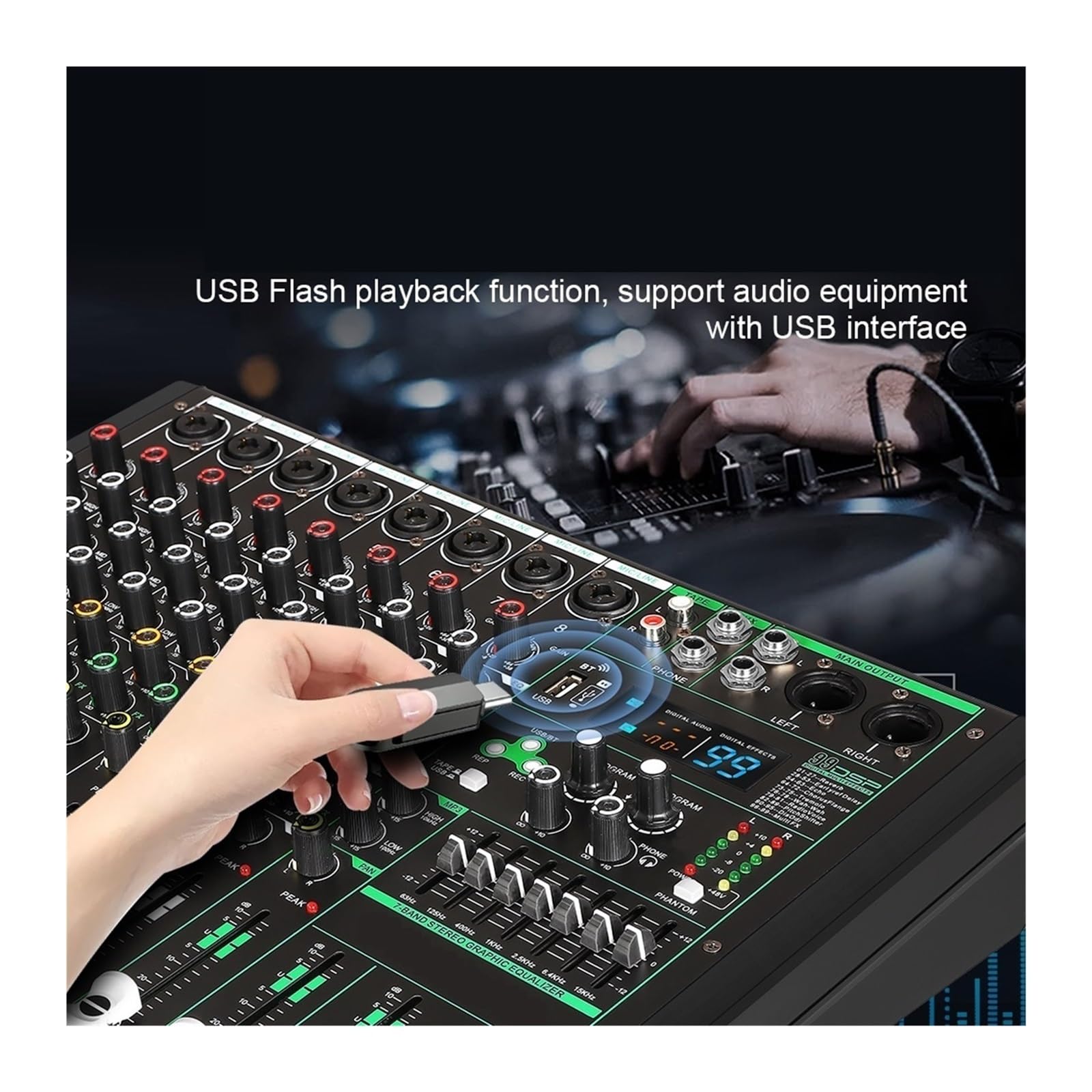 Audiomixer, 8 kanäle Audio Mixer Sound Tisch Professionelle DJ Mischpult 99 DSP Effekte 48V Phantom Power for Sta Studio für Studio-Karaoke