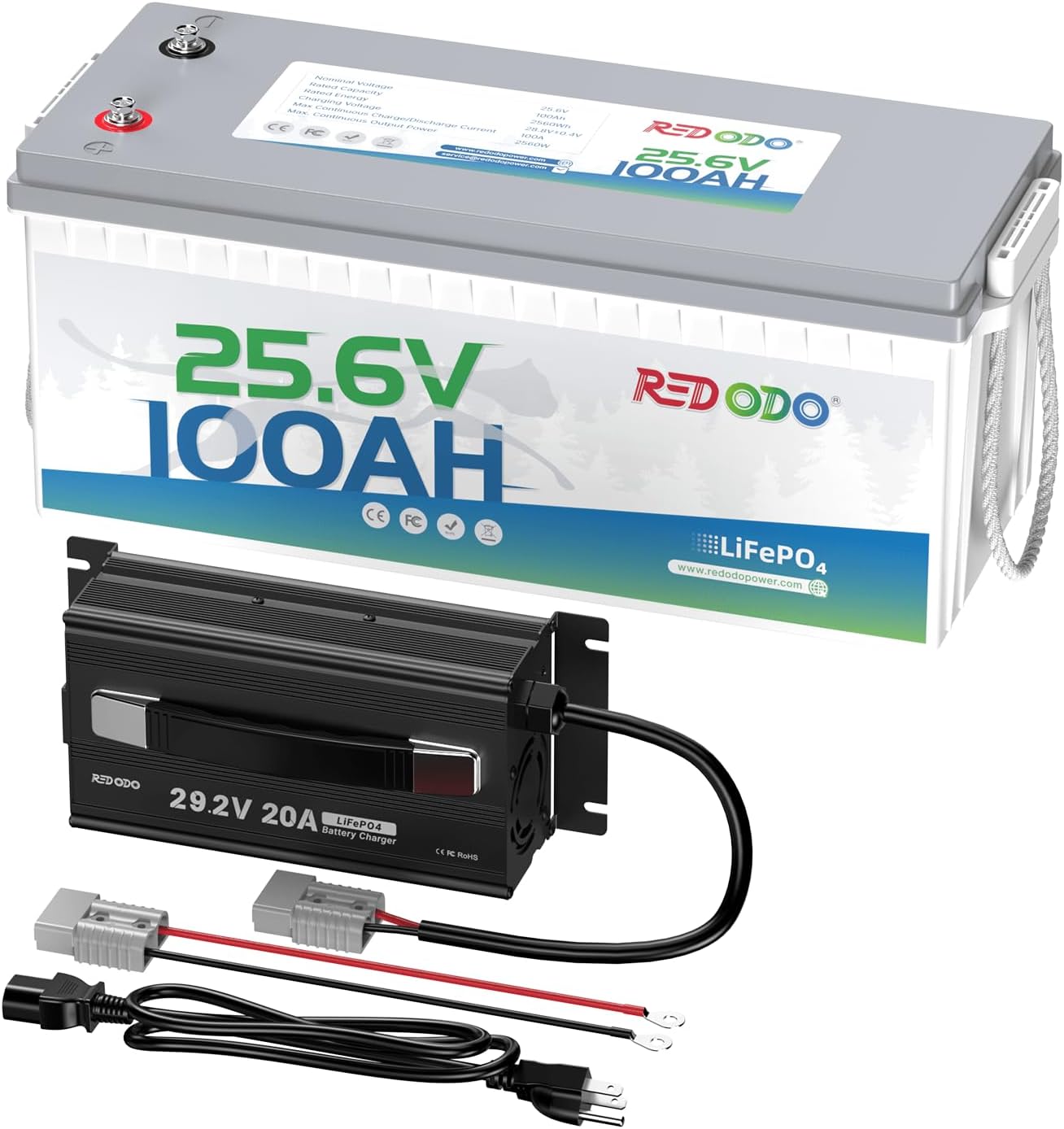 Redodo 24V 100Ah Lithium LiFePO4 Battery and 29.2V 20A Charger Set, 2560Wh, As much as 15000 Cycles, Excellent for Trolling Motor, RV, Marine, Boat and Photo voltaic Residence