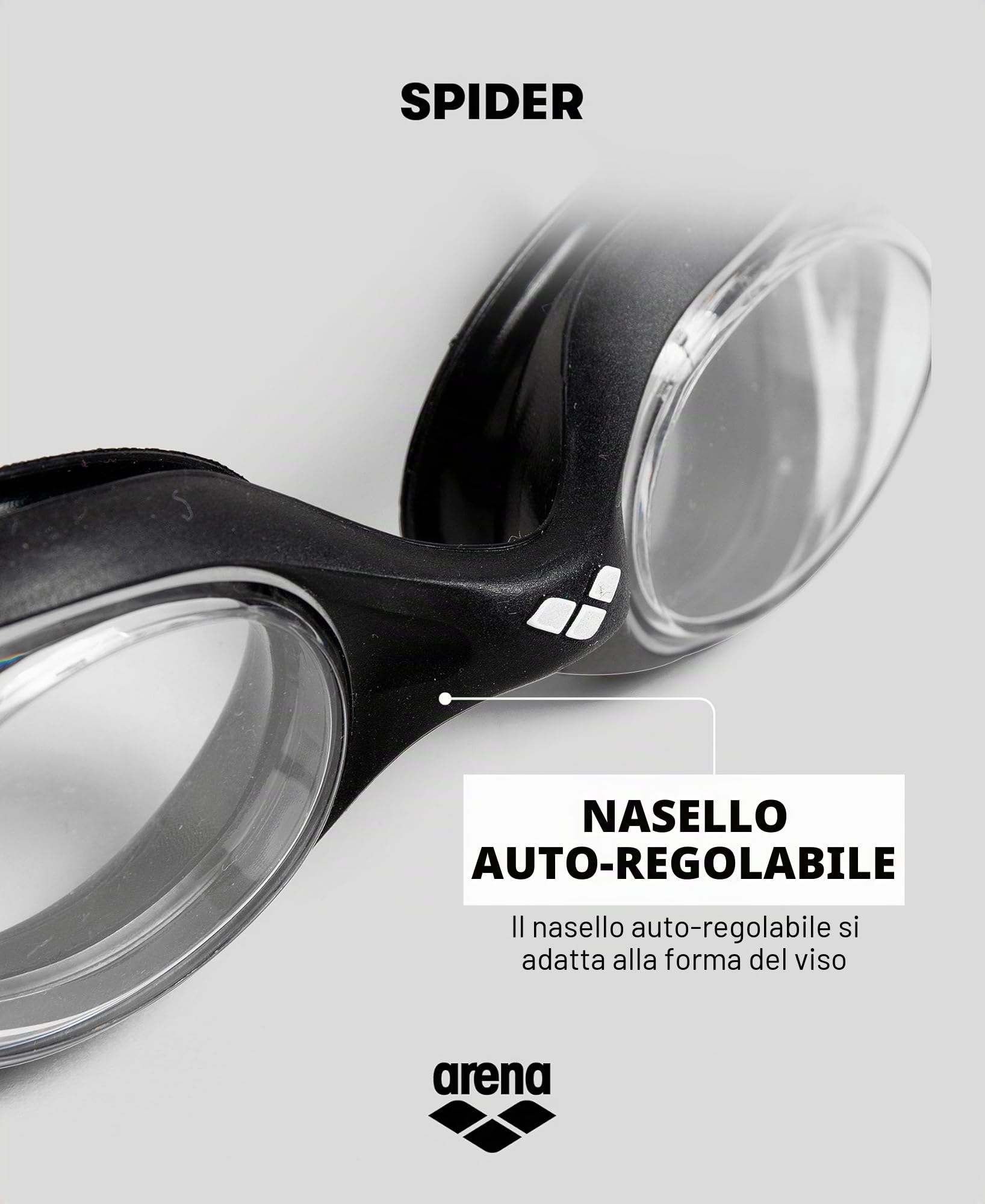Arena Spider Occhialini Nuoto Anti-Appannamento Unisex Adulto, Occhialini Piscina con Protezione UV, Ponte Nasale Autoregolante, Guarnizioni in Silicone Ipoallergenico