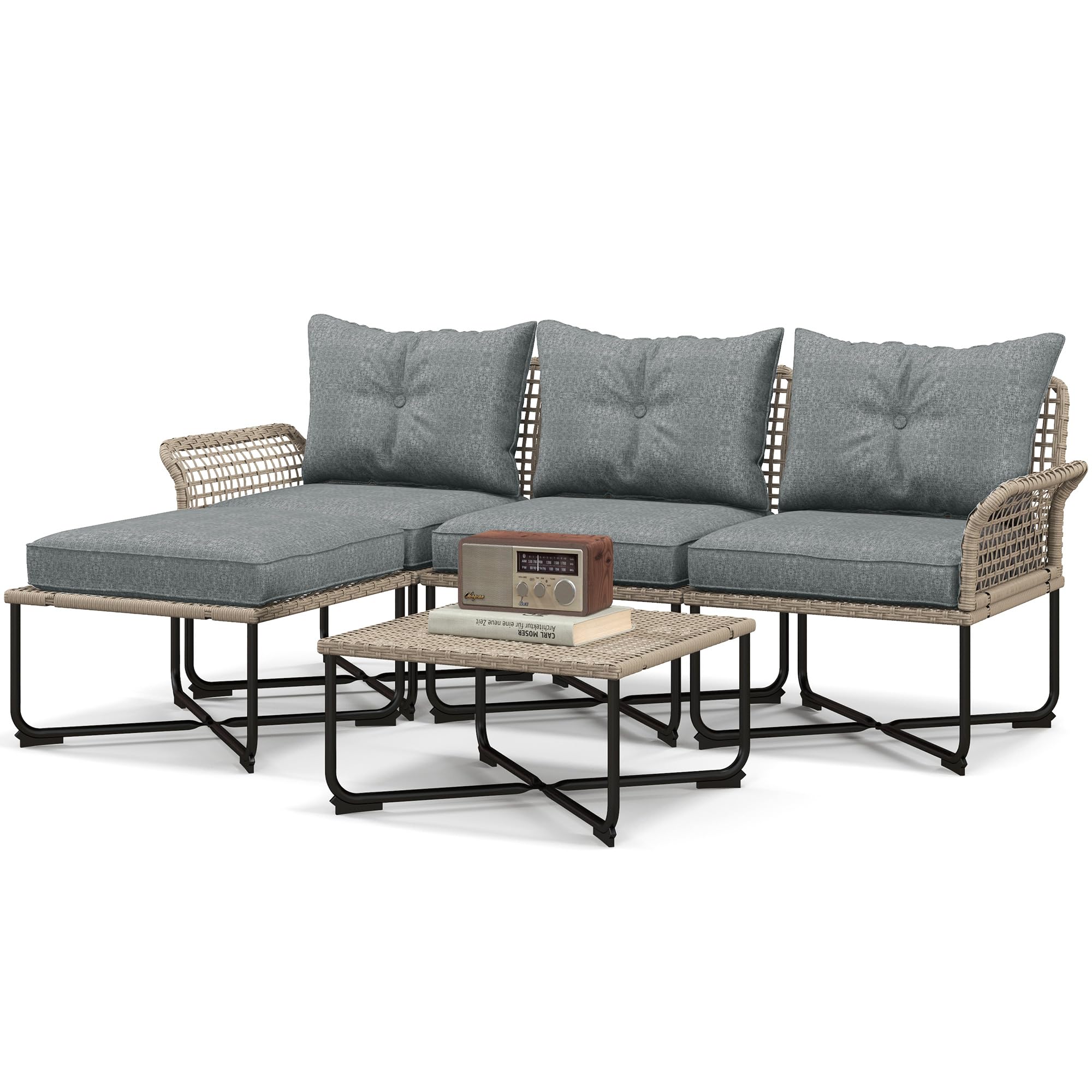 Set da Giardino Outsunny 5 Pezzi Rattan con Sedie e Sgabelli, Esterno Grigio e Legno